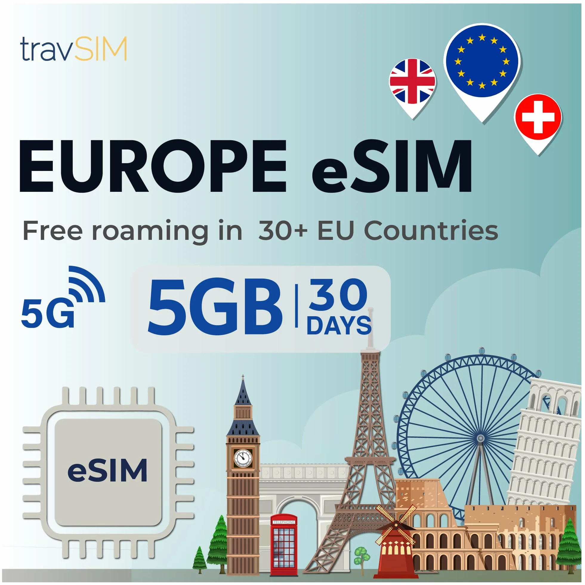 travSIM Europe eSIM | Red Vodafone | 5 GB de Datos con velocidades 4G/5G | Itinerancia sin Coste en el UK, Suiza y la UE | El Plan de la eSIM para Europa es válido Durante 30 días
