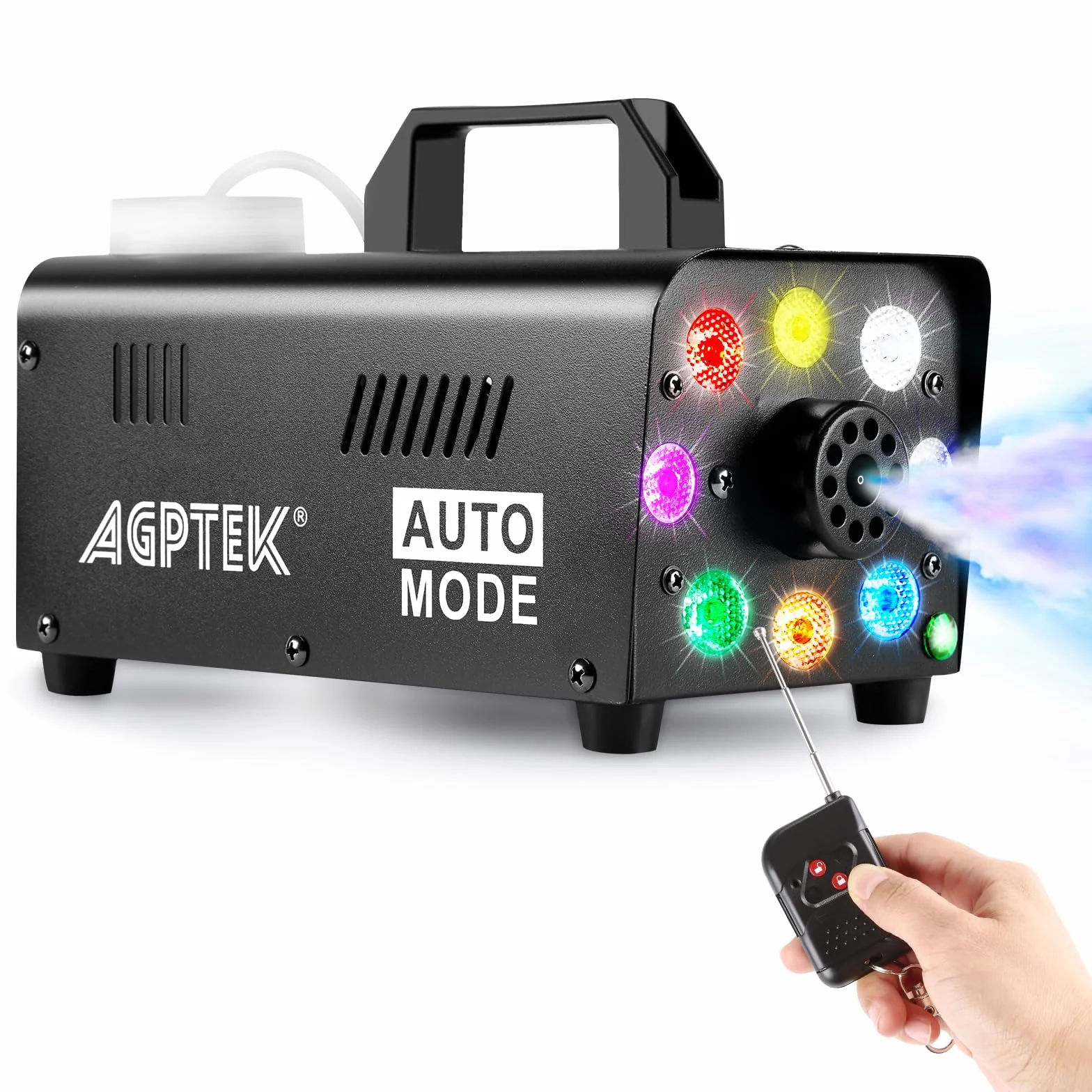 AGPTEK Máquina de humo con mando a distancia inalámbrico y 8 luces LED, estable y portátil, ideal para Halloween, Navidad, bodas, actuaciones en el escenario, etc.