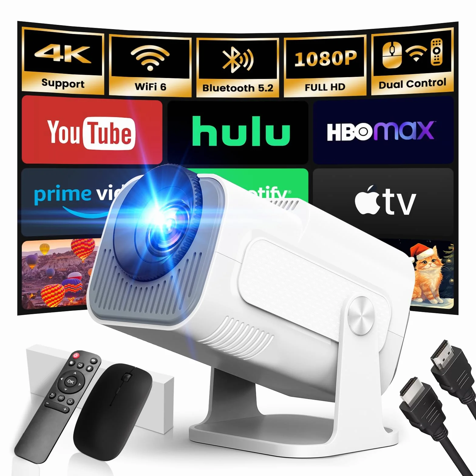 Proyector Portátil 1920x1080P 4K WiFi 6 BT5.2 180° Rotation HDMI USB Blanco