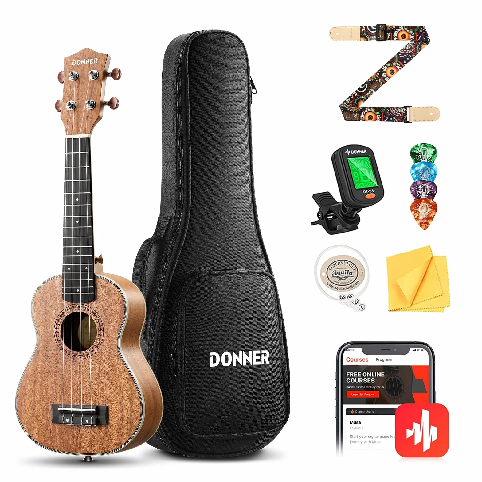 Donner Ukelele Concierto 23 Pulgadas para Adultos Niños Principiante Ukelele Madera Caoba Kit y Cuerda Nylon, Online Lección DUC-200