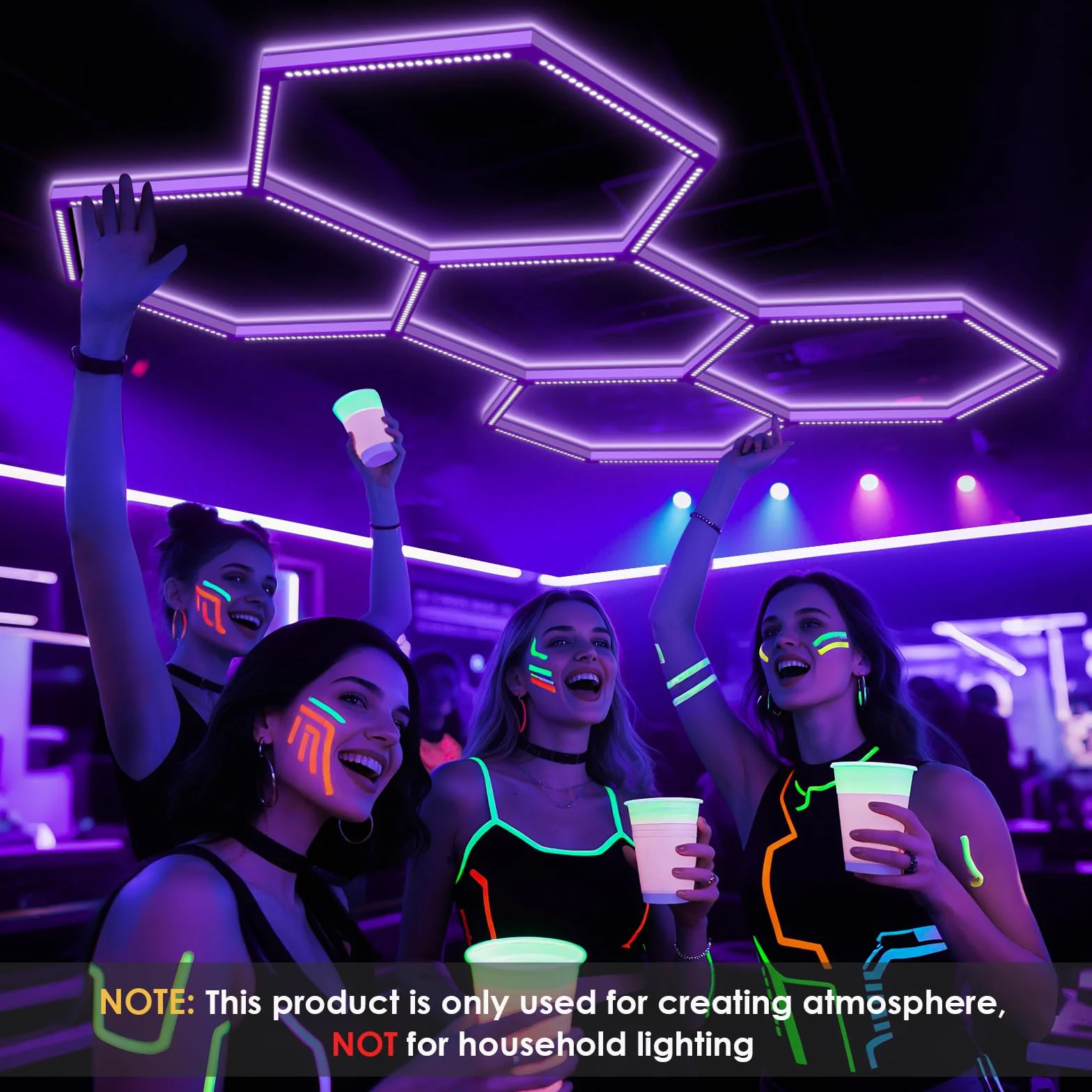 Luz negra hexagonal, 144 W, 5 rejillas LED de panal de abeja UV con enchufe de alimentación para luz de fiesta brillante, póster de pintura corporal, decoración fluorescente para fiesta de