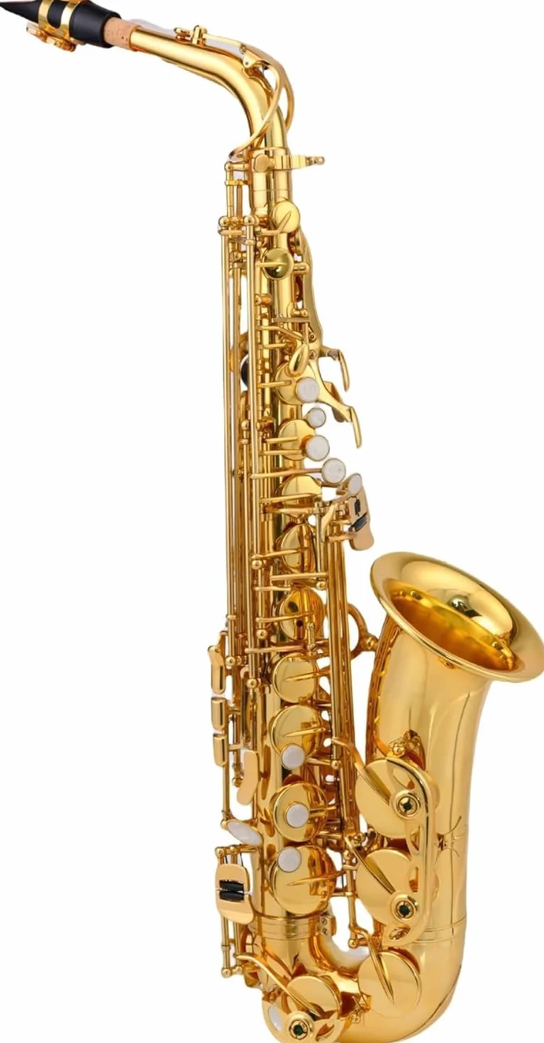 Saxofón tenor, cuerpo de latón, lacado dorado, instrumento de viento de madera con estuche de transporte, guantes, paño de limpieza, cepillo y correas para el cuello