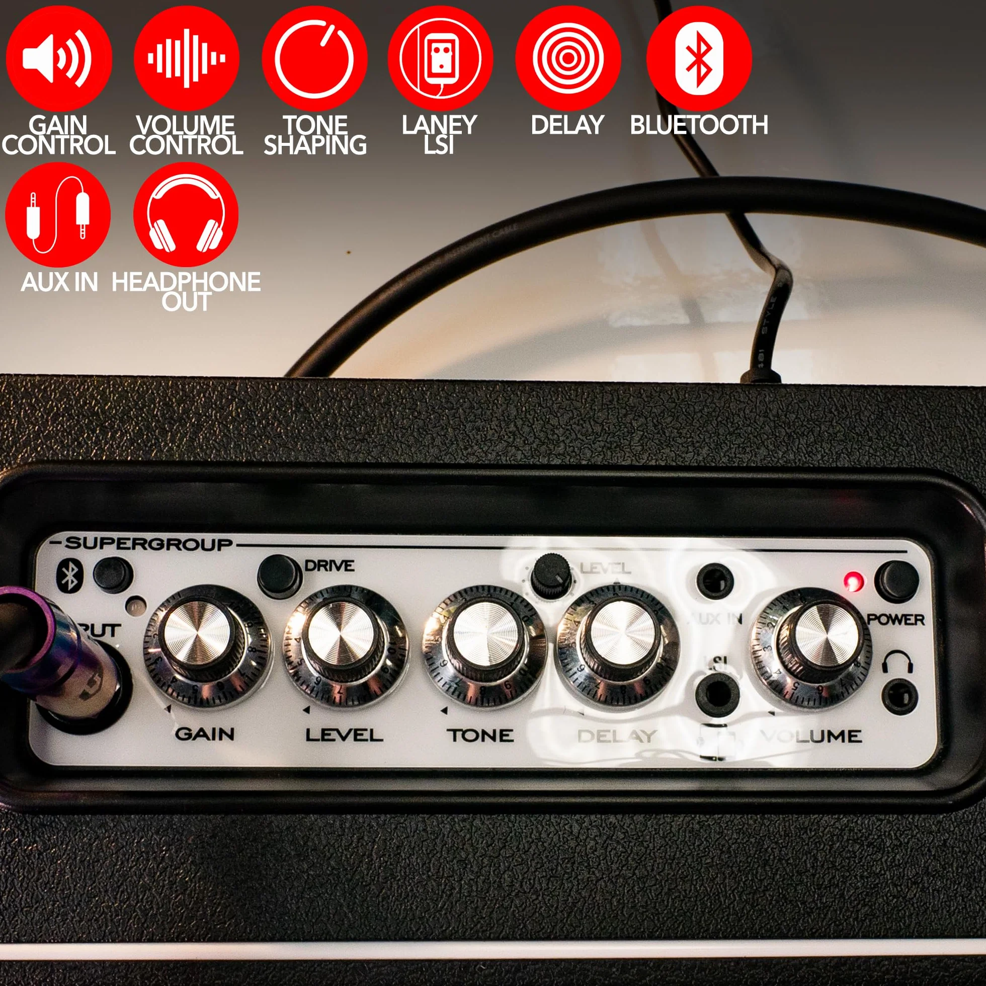 Mini-STB-SUPERG-2 Amplificador de Guitarra Laney de 6W con Bluetooth Alimentado por batería – Canales Limpio/Overdrive, delay, Entrada para Smartphone LSI, Entrada AUX