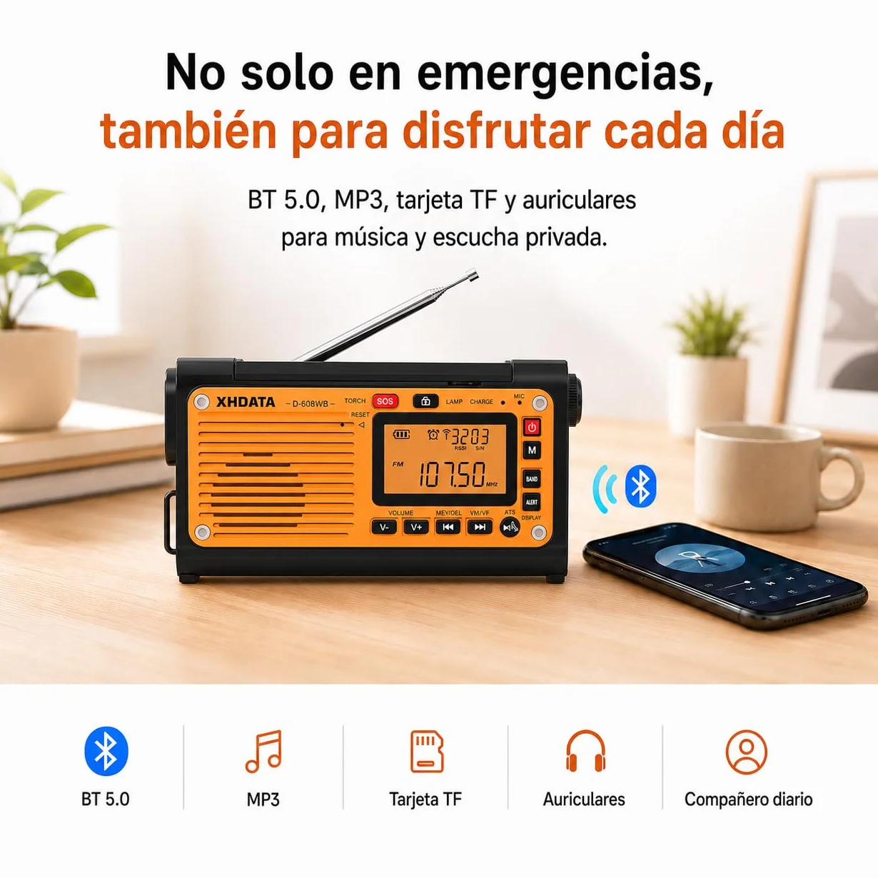 XHDATA D608WB Radio de Emergencia Portátil FM/AM/SW Manivela Solar 3000mAh con Alarma SOS y Bluetooth