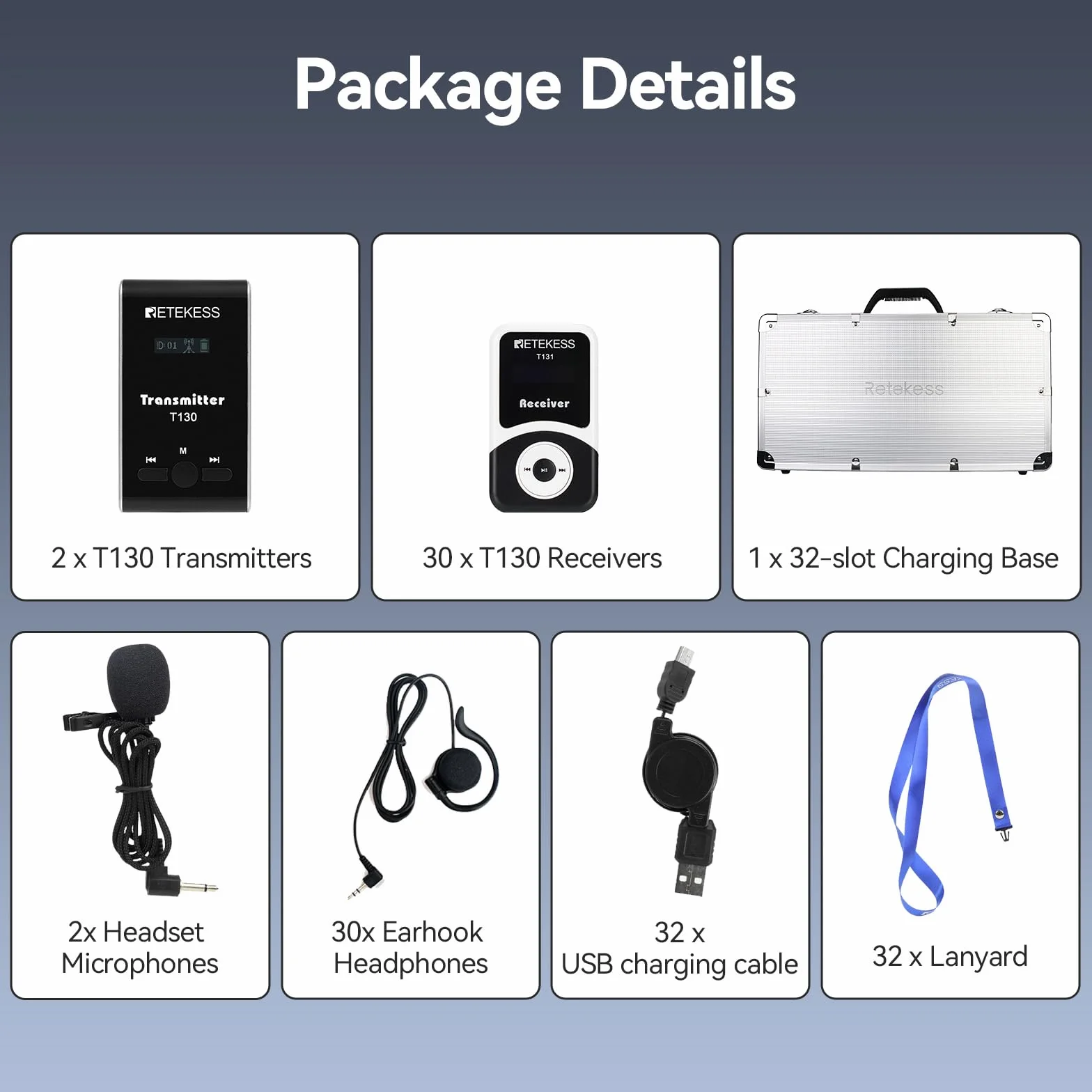 Retekess T130 Tour Guide System, Sistema de Guía Turística, Micrófono para Guía Turística para Viajes, Visitas a Fábrica (2 Transmisores 30 Receptores, 1 Estuche Carga de 32 Ranuras, 2 Auriculares)