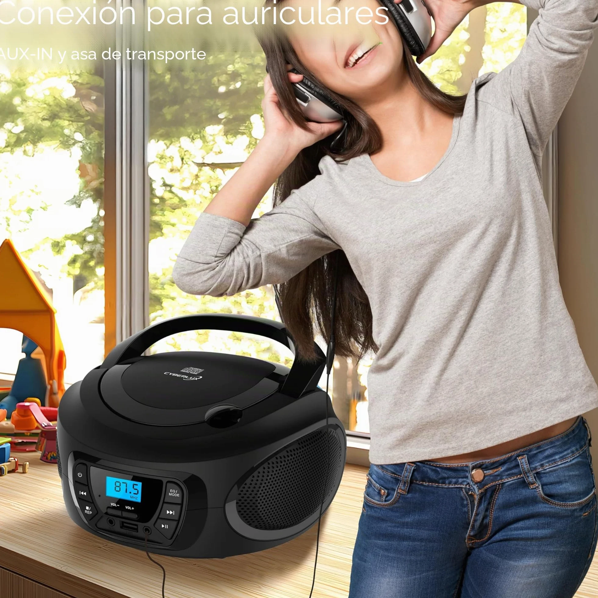 Boombox Reproductor de CD portátil Radio FM USB AUX Negro