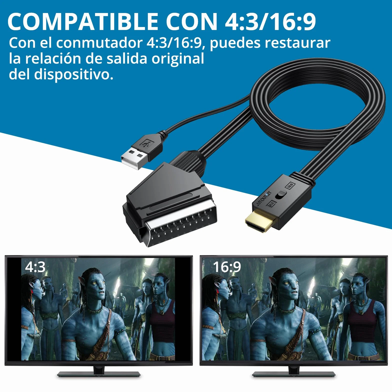 AUTOUTLET Conversor Euroconector a HDMI 1080P 720P - Soporta 16:9/4:3, PAL/NTSC - Cable SCART a HDMI 150cm para HDTV, DVD, BLU-Ray, VCR, Proyector