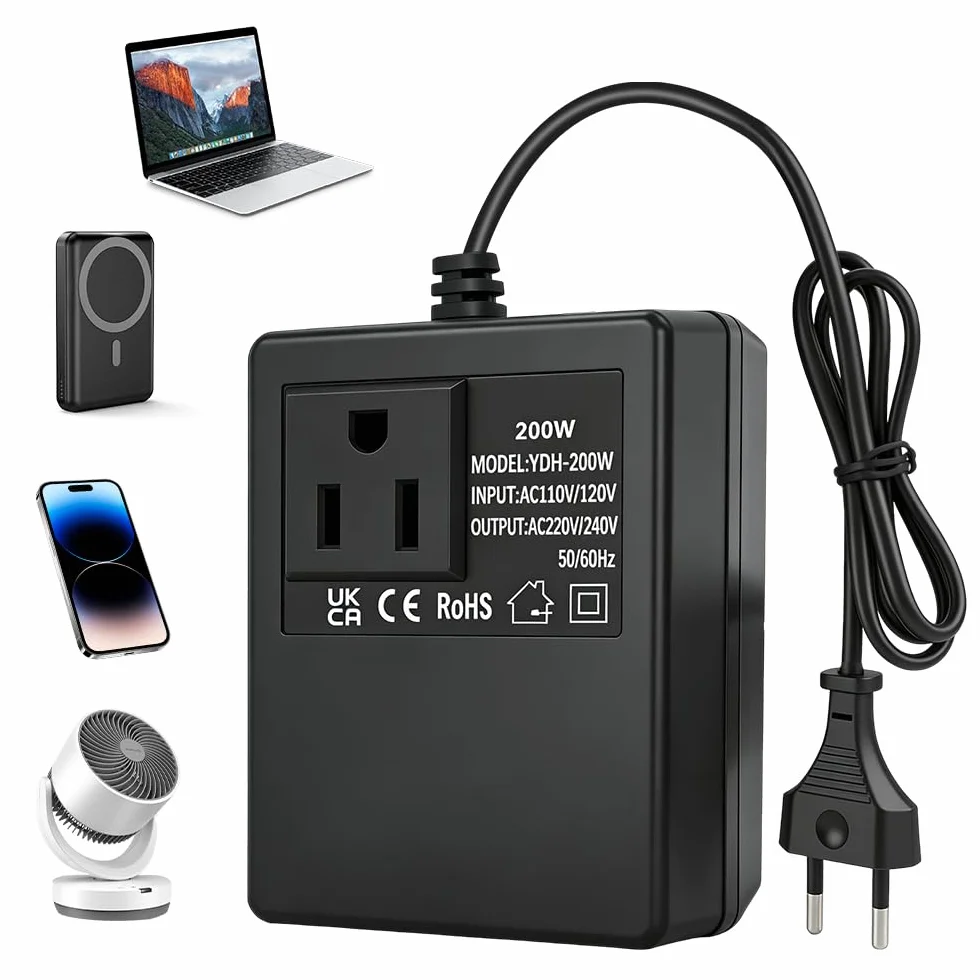 Convertidor de Voltaje 220V a 110V 200W, Convertidor de Transformador de Voltaje, Transformador Adaptador Reductor de Voltaje Adaptador Corriente de Viajetransformador Converter (Eu Plug)