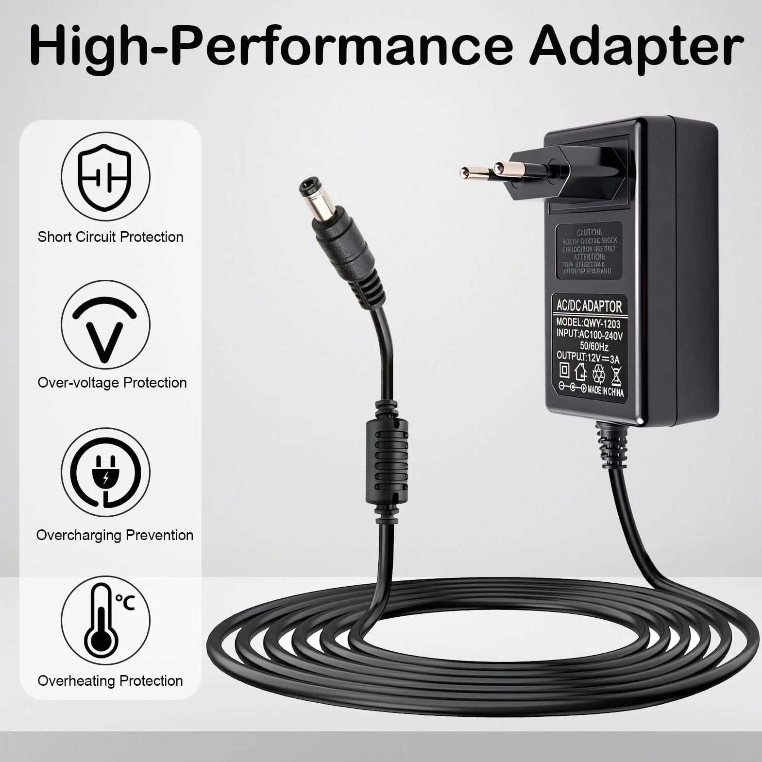 Adaptador de corriente 12 V 3 A 36 W universal AC-DC con conector 5,5 × 2,1 mm, alimentación 12 V para LED, cámaras, routers, altavoces, sistema telefónico, protección contra sobretensiones y