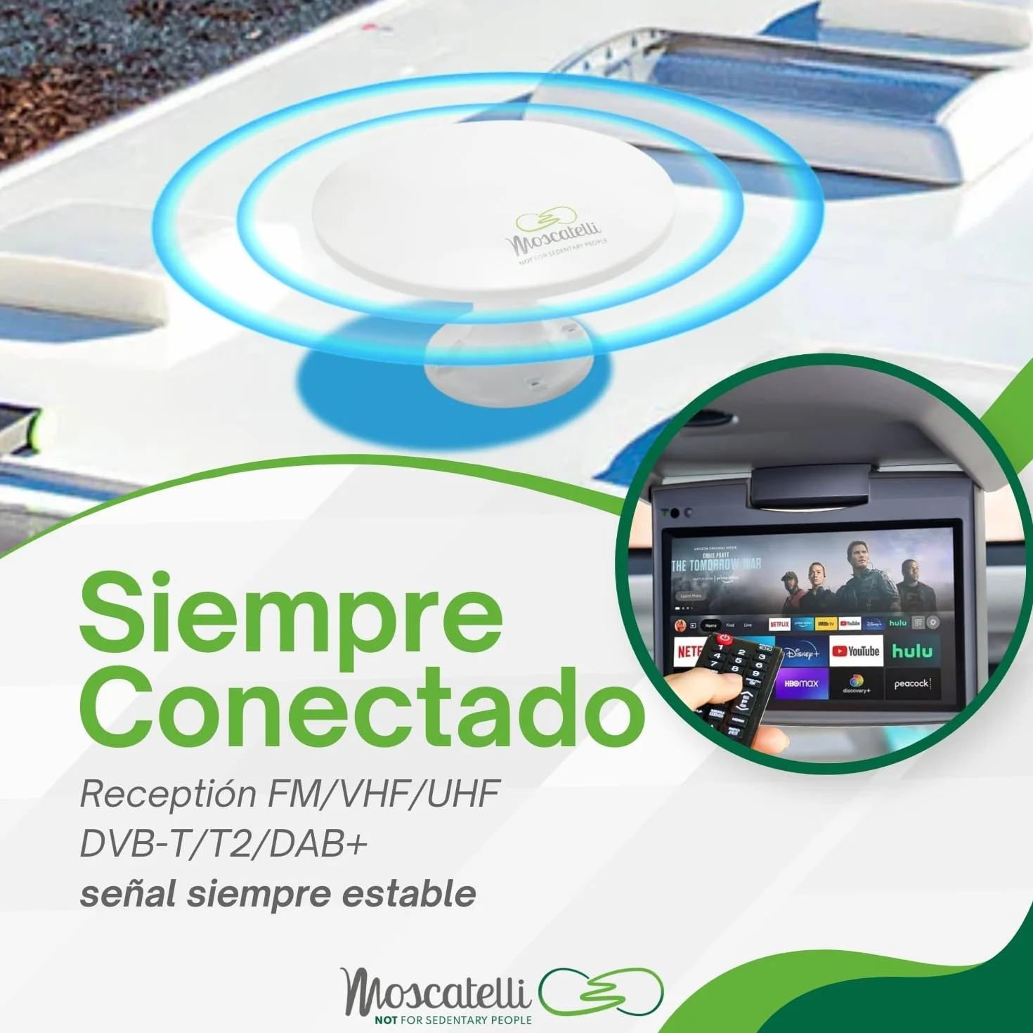 MOSCATELLI Antena TV Omnidireccional TDT DVB-T/T2 Exterior para Autocaravana - Filtro Integrado LTE 4G - 12v-24v-220v - Impermeable Kit Completo Amplificador