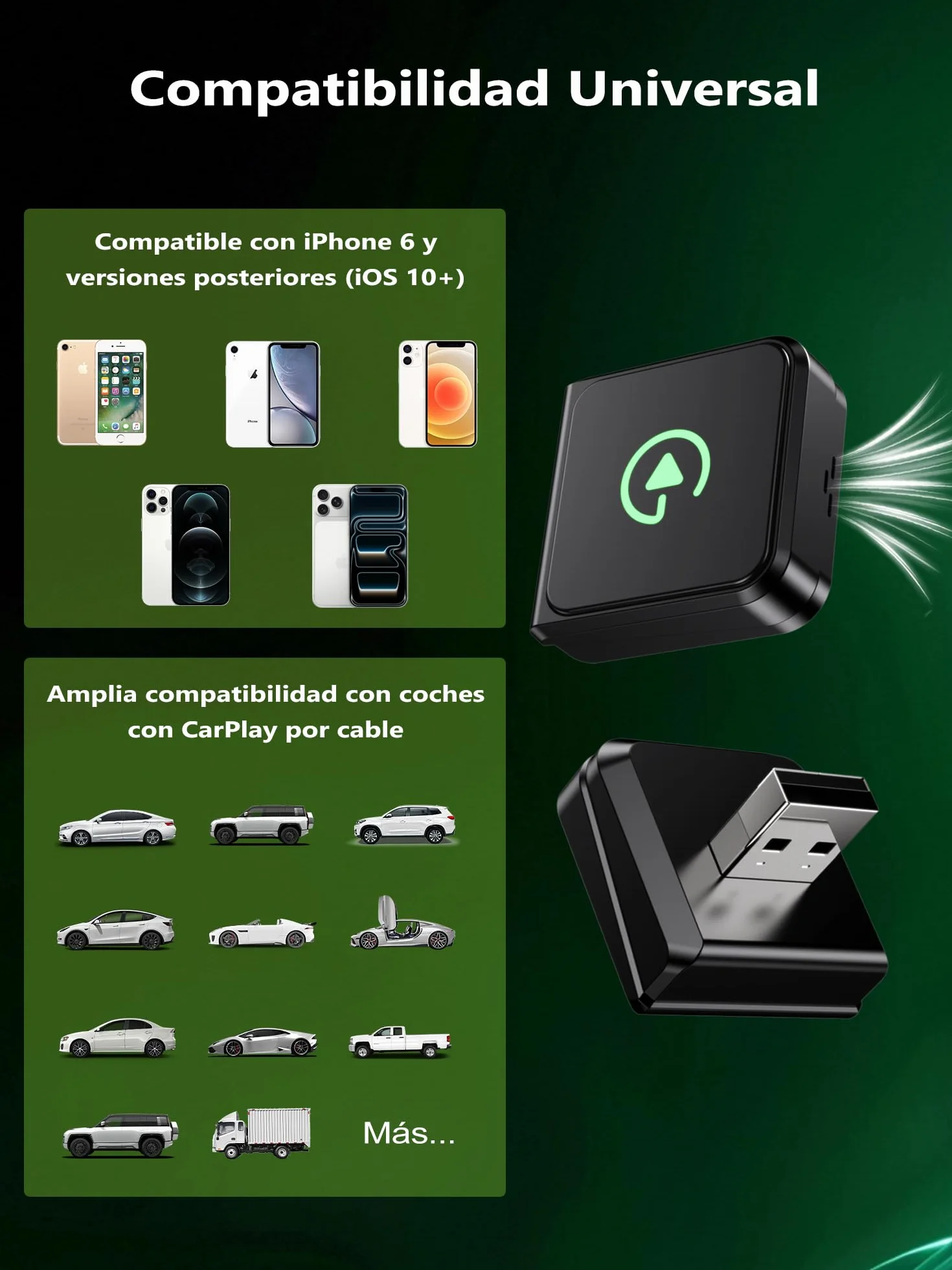 Adaptador CarPlay Inalámbrico Para iPhone:Android Auto Inalámbrico & car play inalambrico - Estable Compatible Con iPhone iOS 10+ Y Smartphones Android, Coches Con CarPlay, Plug and Play, USB A Type C