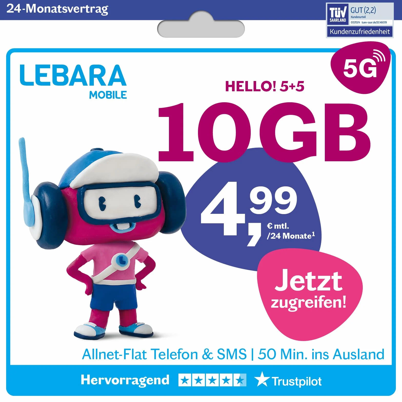 LEBARA Tarifa móvil Hello! 5+5 | 10 GB de volumen de datos | 4,99 € mtl. 5G con hasta 50 Mbit/s | Allnet Flat Telefonía & SMS Alemania incluye itinerancia de la UE | 50 minutos en el extranjero