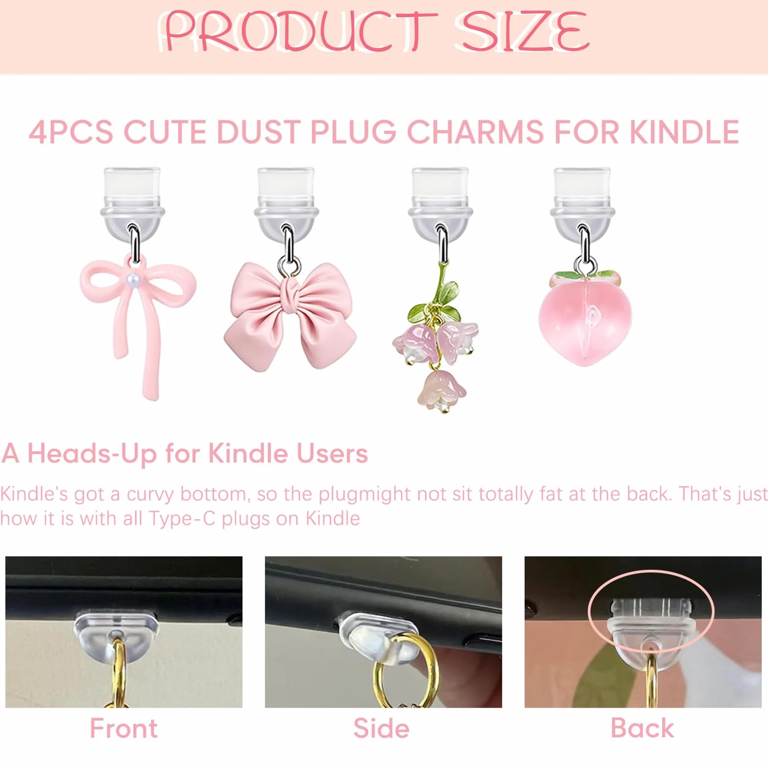 VelvetGlow 4 Piezas Charms Protector Polvo Lazo Rosa Compatible E-Reader Kindle iPad Puerto Carga Tipo C USB C