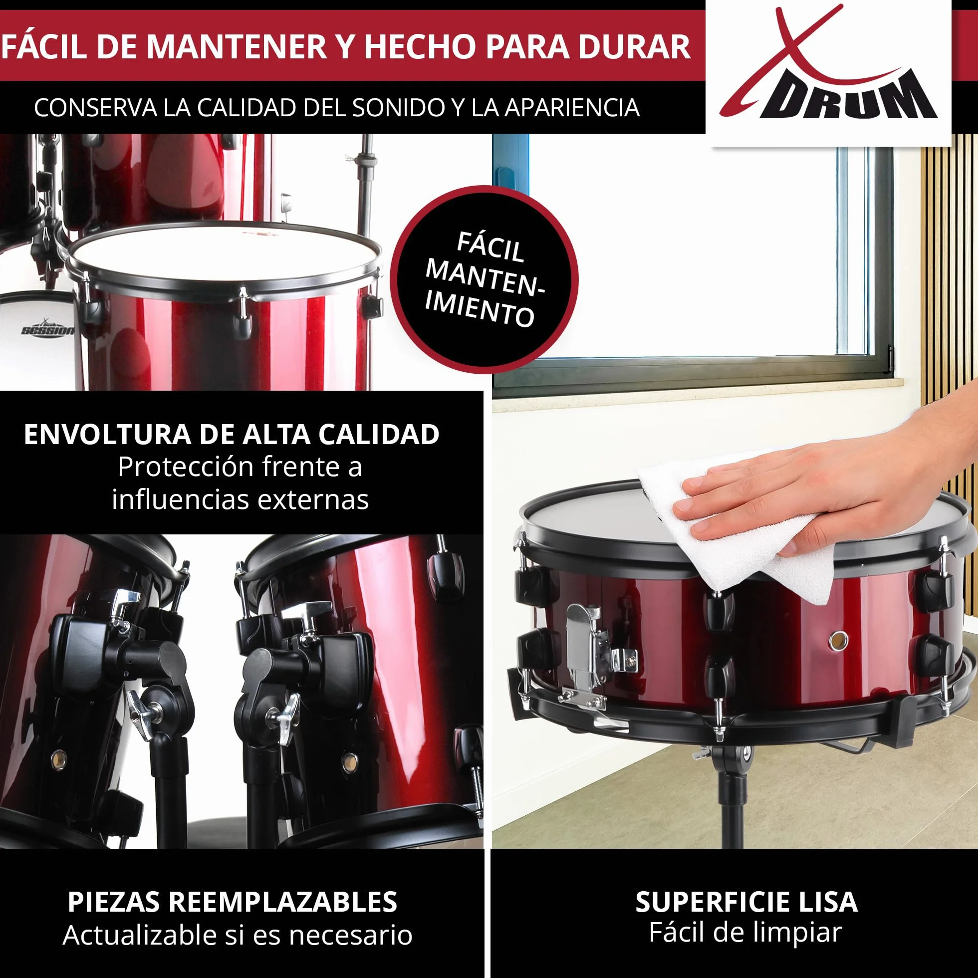 XDrum Rookie 22" Standard Juego Completo de Batería Ruby Red - Ideal para Principiantes - Hardware Estilizada en Negro - Incluye Baquetas 5B, Manual de Montaje y Escuela de Batería - Rojo
