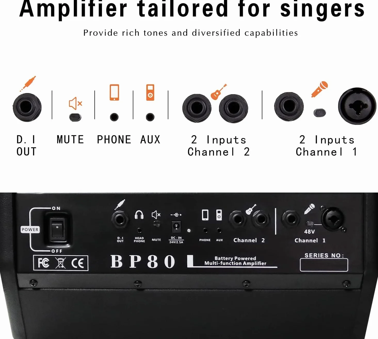 BP80 Amplificador de guitarra acústica con batería, altavoz portátil Bluetooth, 100 W, 6 entradas, ecualizador de 3 bandas, Negro