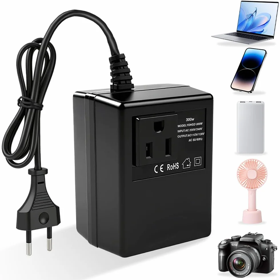 Convertidor de Voltaje 220V a 110V 300W Transformador Adaptador Reductor de Voltaje Adaptador Corriente de Viaje para Dispositivos Electrónicos, Ordenadores, Purificadores de Aire, Enchufe UE