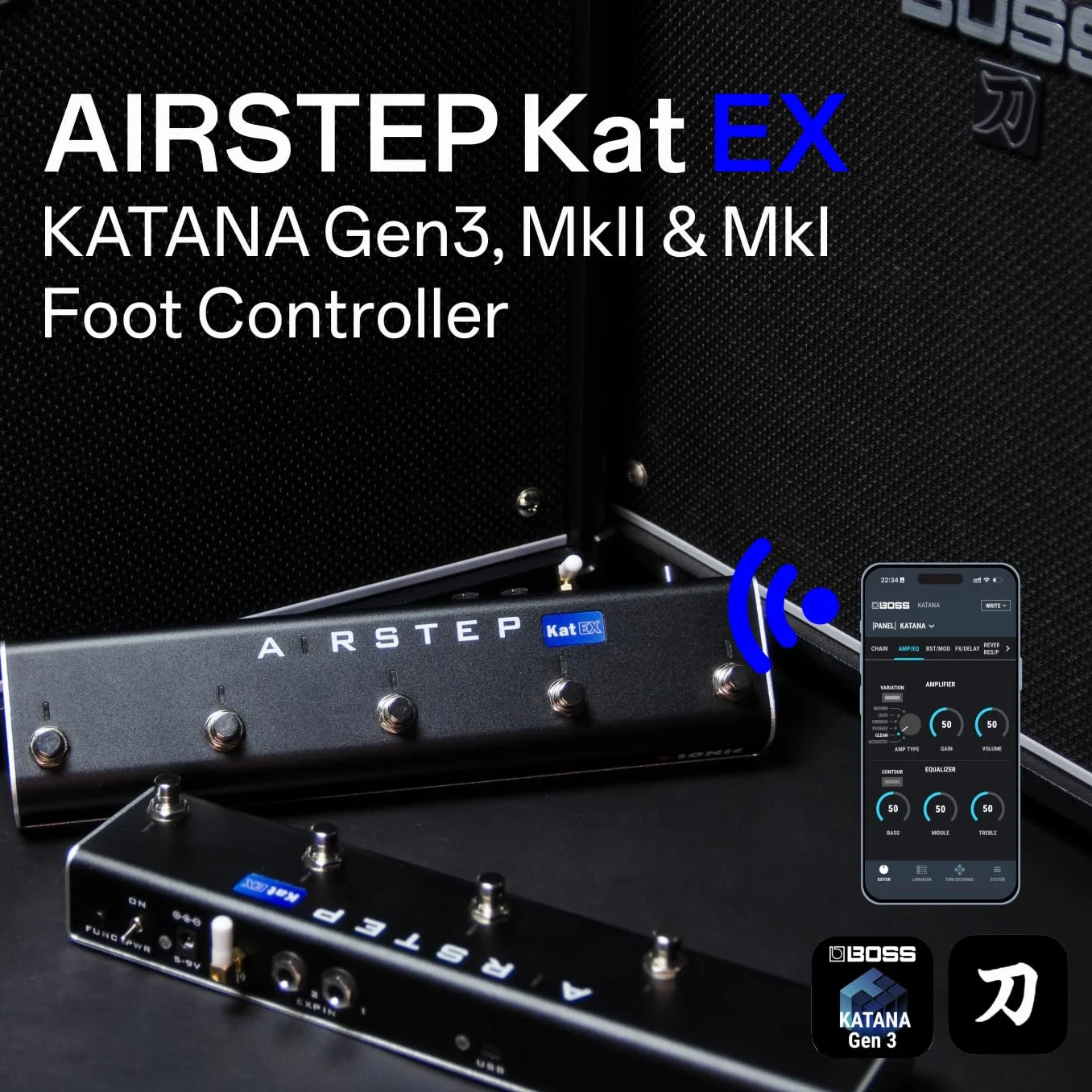 XSONIC Airstep Kat EX, KATANA Gen3, MkII y MkI, 3 modos, cambio de tipo de efecto, 2 entradas para pedal de expresión, modifica el sonido del amplificador con la app BTS para iOS y Android.