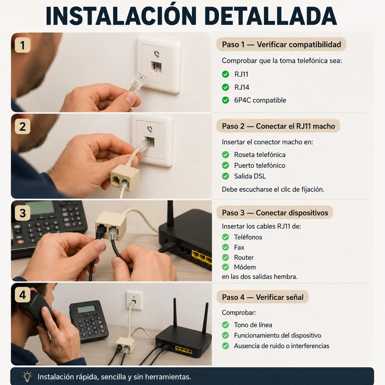 CABLEPELADO Bifurcador de telefono 6P4C RJ11 Macho a Doble RJ11 | Adaptador con cable - Beige