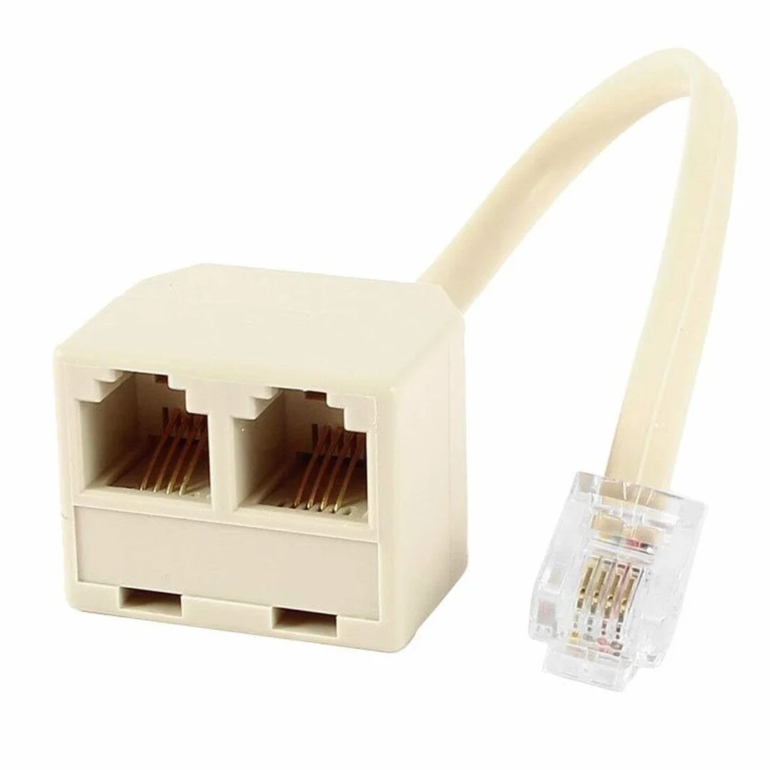Adaptador Divisor de Teléfono RJ11 Macho a Doble RJ-11, Bifurcador Splitter 6P4C, Cable 10 cm, Plástico, Beige