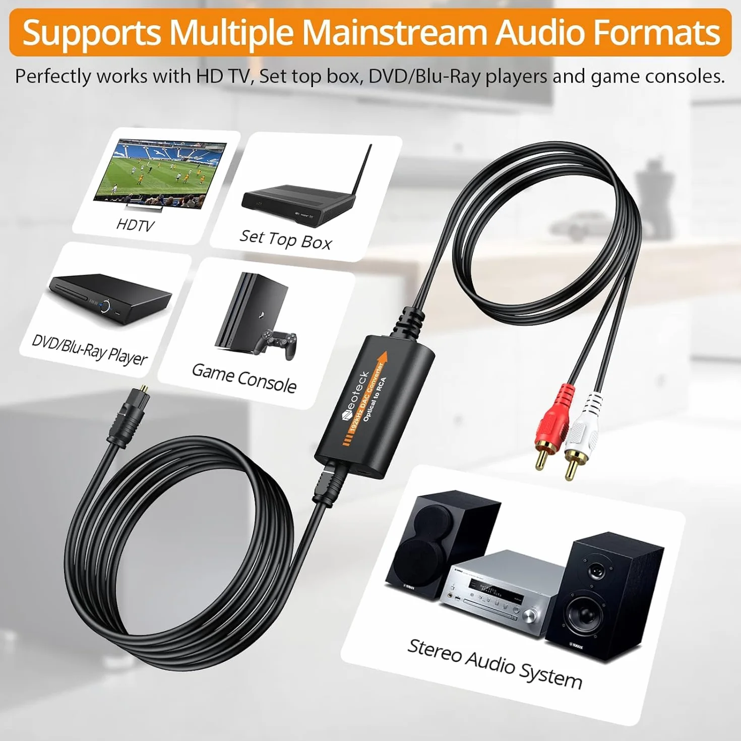 Neoteck DAC Convertidor Óptico a RCA 192 kHz SPDIF a RCA 7ft/2.1m para HDTV