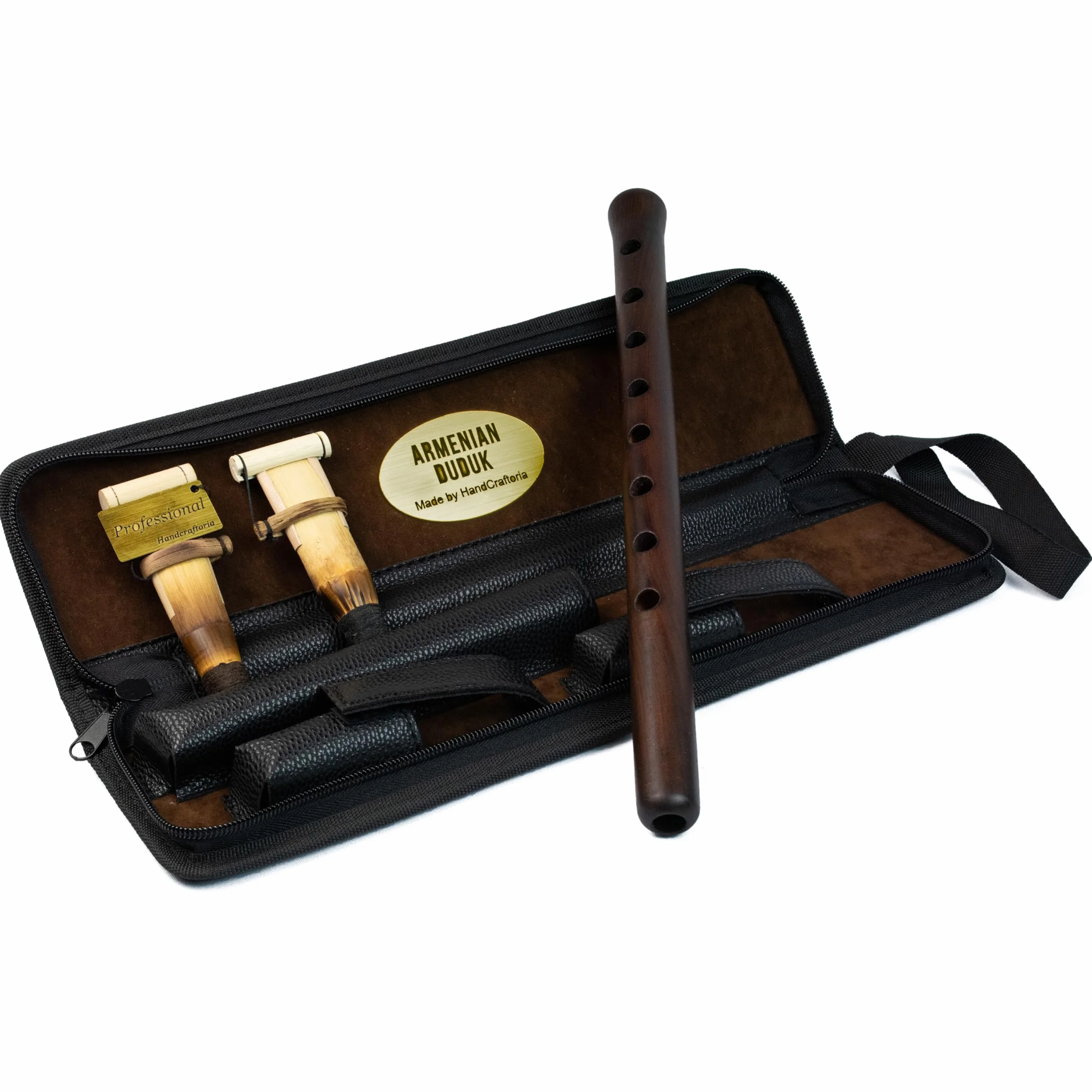Instrumento profesional armenio DUDUK de madera de albaricoque, 2 cañas (1 prof y 1 estándar), funda de cuero ecológico, flauta oboe balaban viento de madera