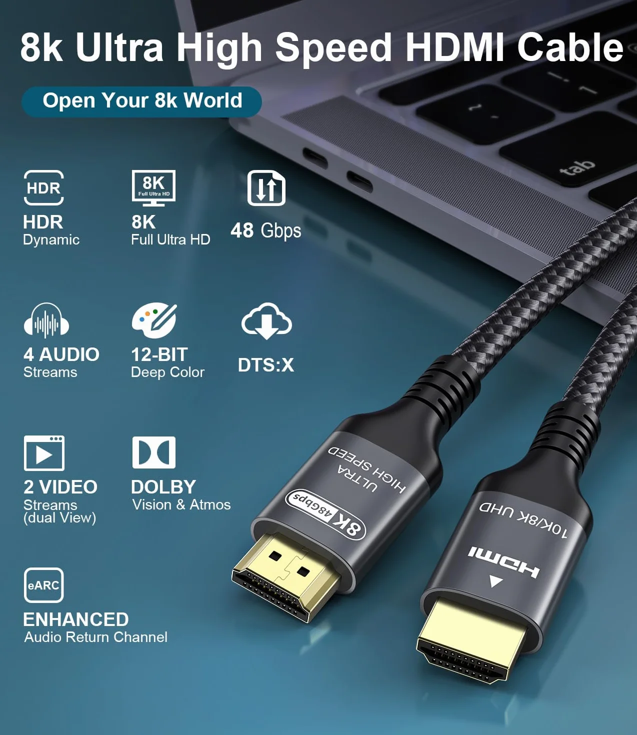 Cable HDMI 2.1 10K 8K 3M 48Gbps Ultra Alta Velocidad con Ethernet 4K 240Hz 165Hz 144Hz 120Hz eARC HDCP2.3 HDR10+