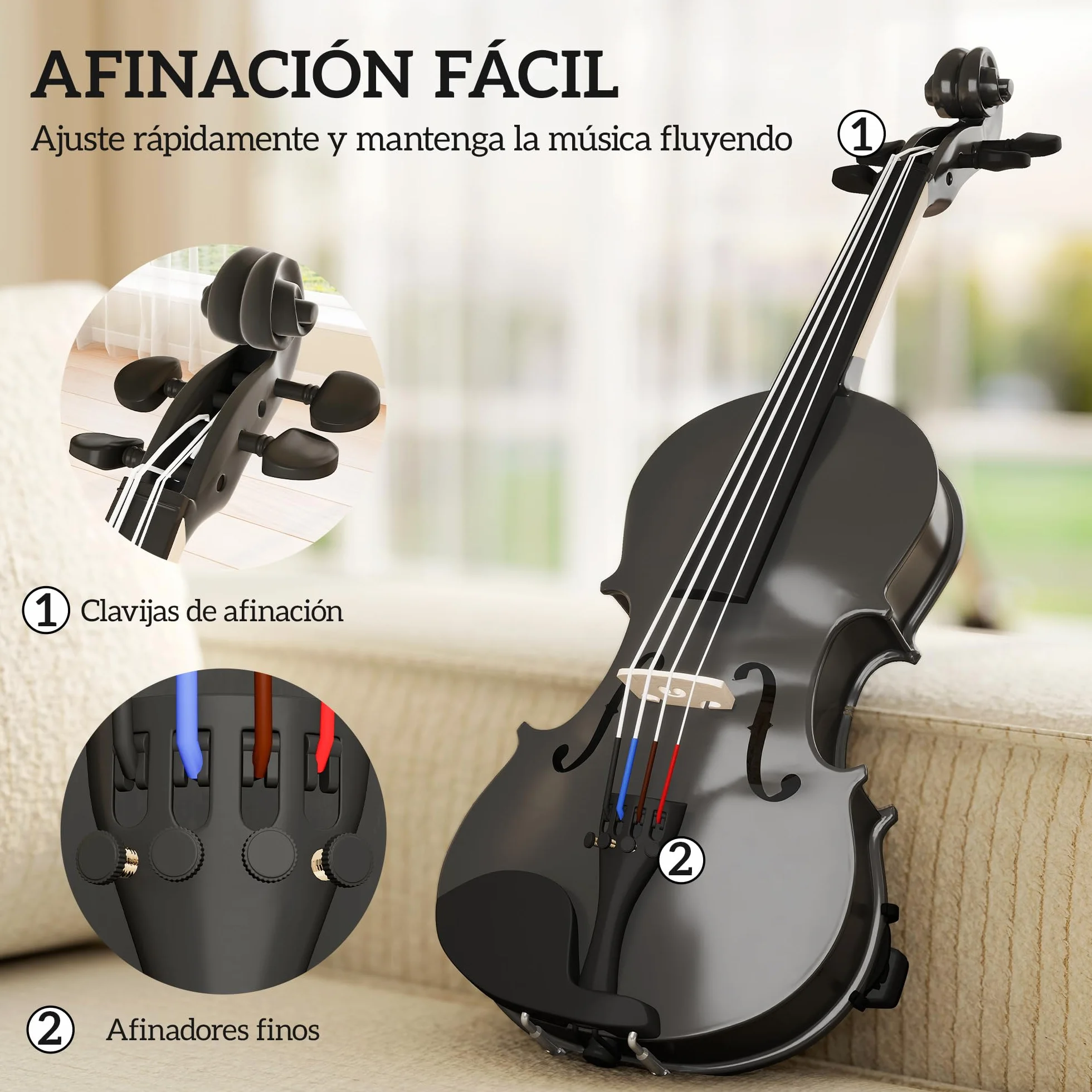 HOMCOM Violín 4/4 de Tamaño Completo de Madera, Set de Violín para Principiantes, Adultos y Niños, con Estuche Ligero, Arco, Colofonia, Afinadores, Cuerdas y Soporte para Hombro, Negro