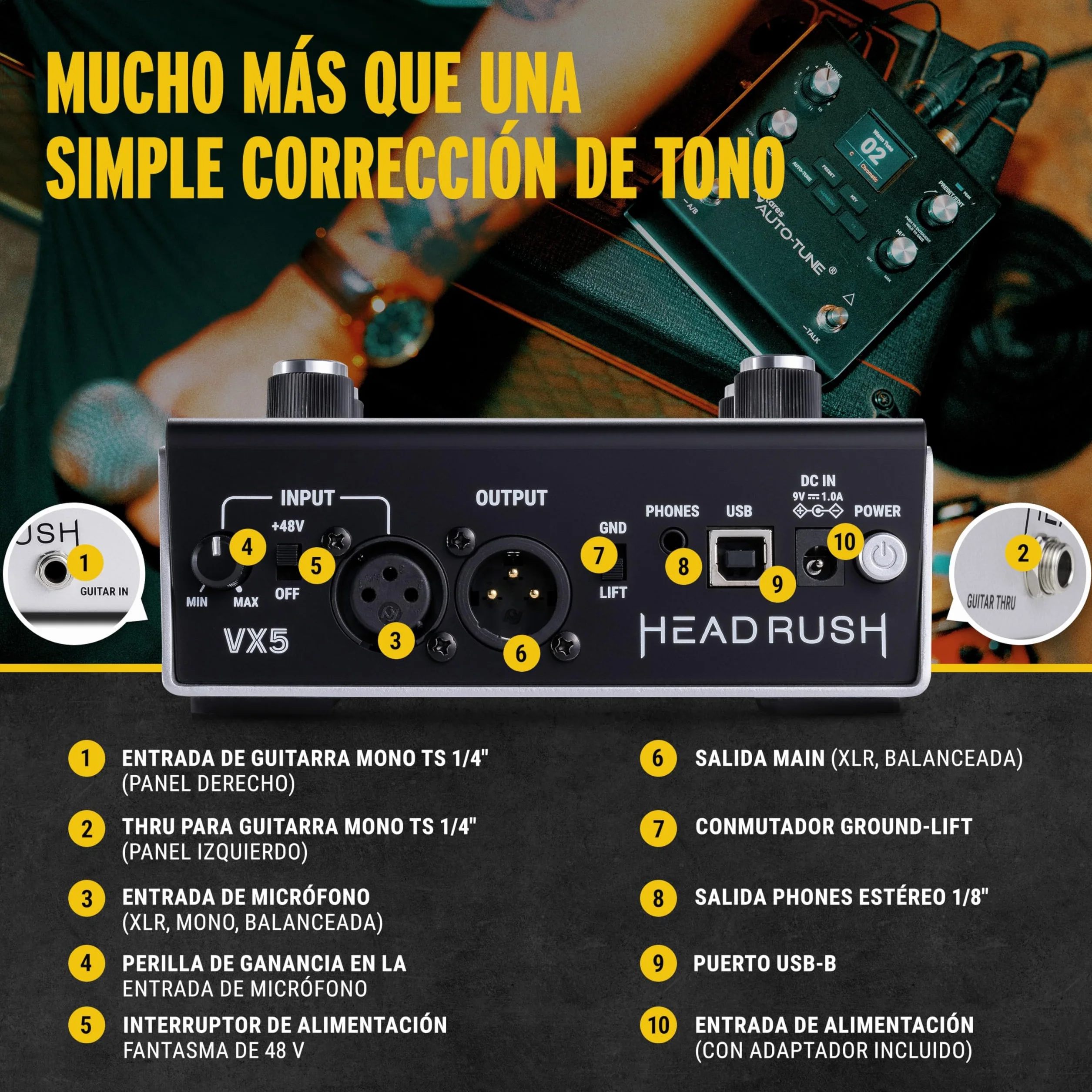 HeadRush VX5 - Pedal de Efectos Vocales con Antares AutoTune para Armonía vocal con Corrección de Tono Instantánea y Entrada para Micrófono y Guitarra