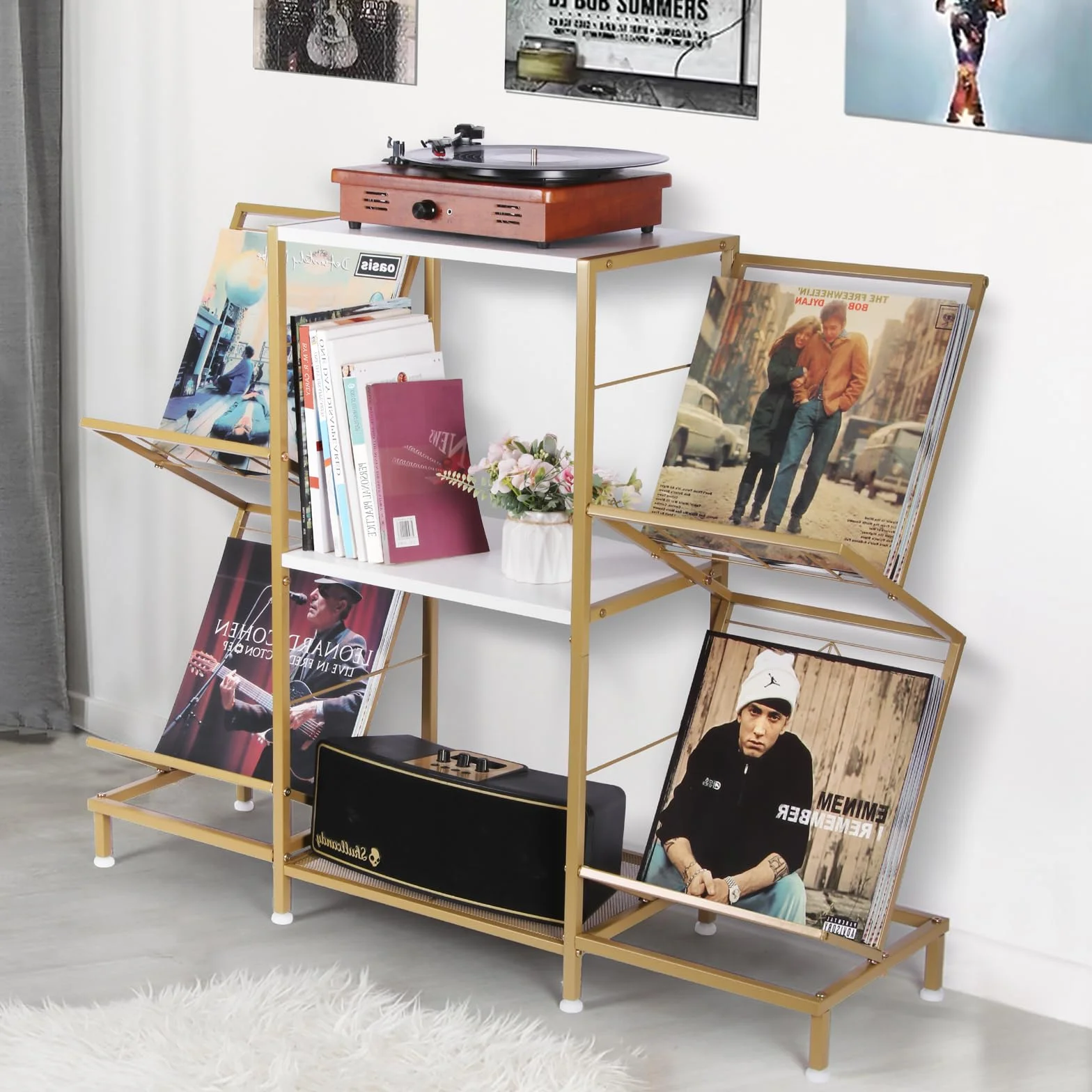 HYCFYJR Mueble Tocadiscos con Soporte Vinilos de 4 niveles, Mesa Tocadiscos con Marco de Metal, Mesa Reproductor Vinilo para Sala de Estar, Color Blanco Dorado