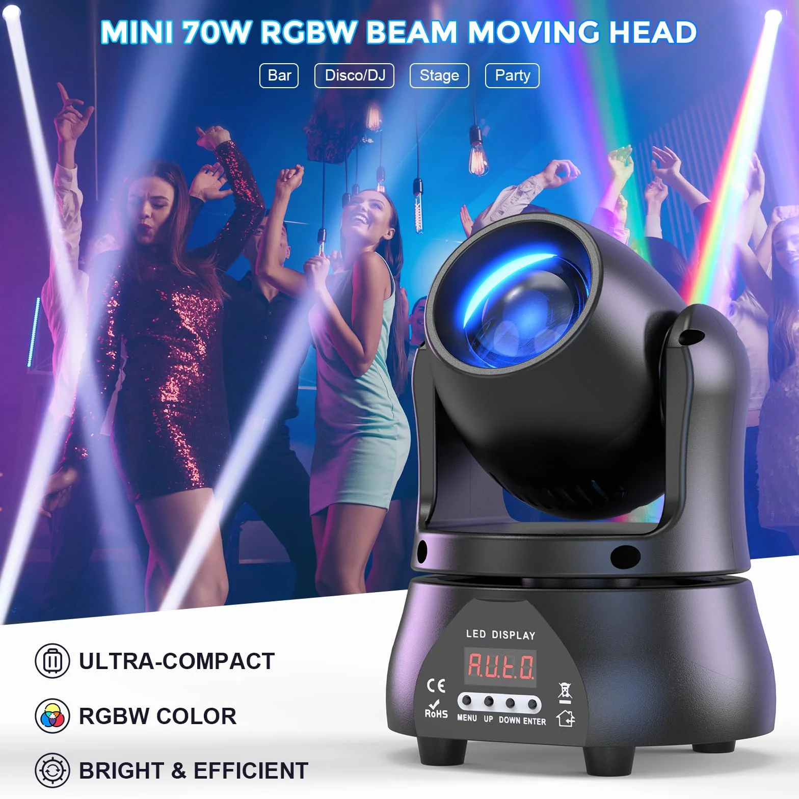 2 unidades 70W Beam Luces de Escenario Cabeza móvil, Mini Luz Disco LED RGBW DMX512 Juego de luz de noche Control de Voz Luz de Fiesta para Club Bar Halloween DJ