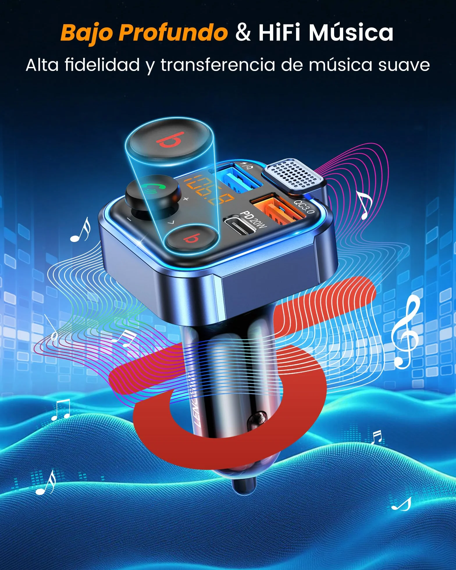 LENCENT Transmisor FM Bluetooth 5.3 Manos Libres Adaptador Radio Coche Carga Rápida 20W USB Tipo C