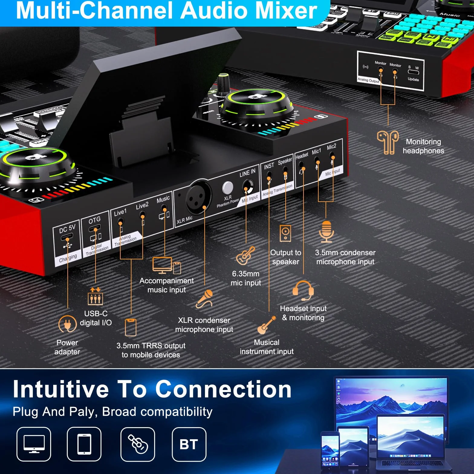 Equipo de podcast con tarjeta de sonido en vivo, mezclador de audio y micrófono de condensador de 3,5 mm para canto en vivo, creación de contenido en streaming y tablero de sonido con soporte para