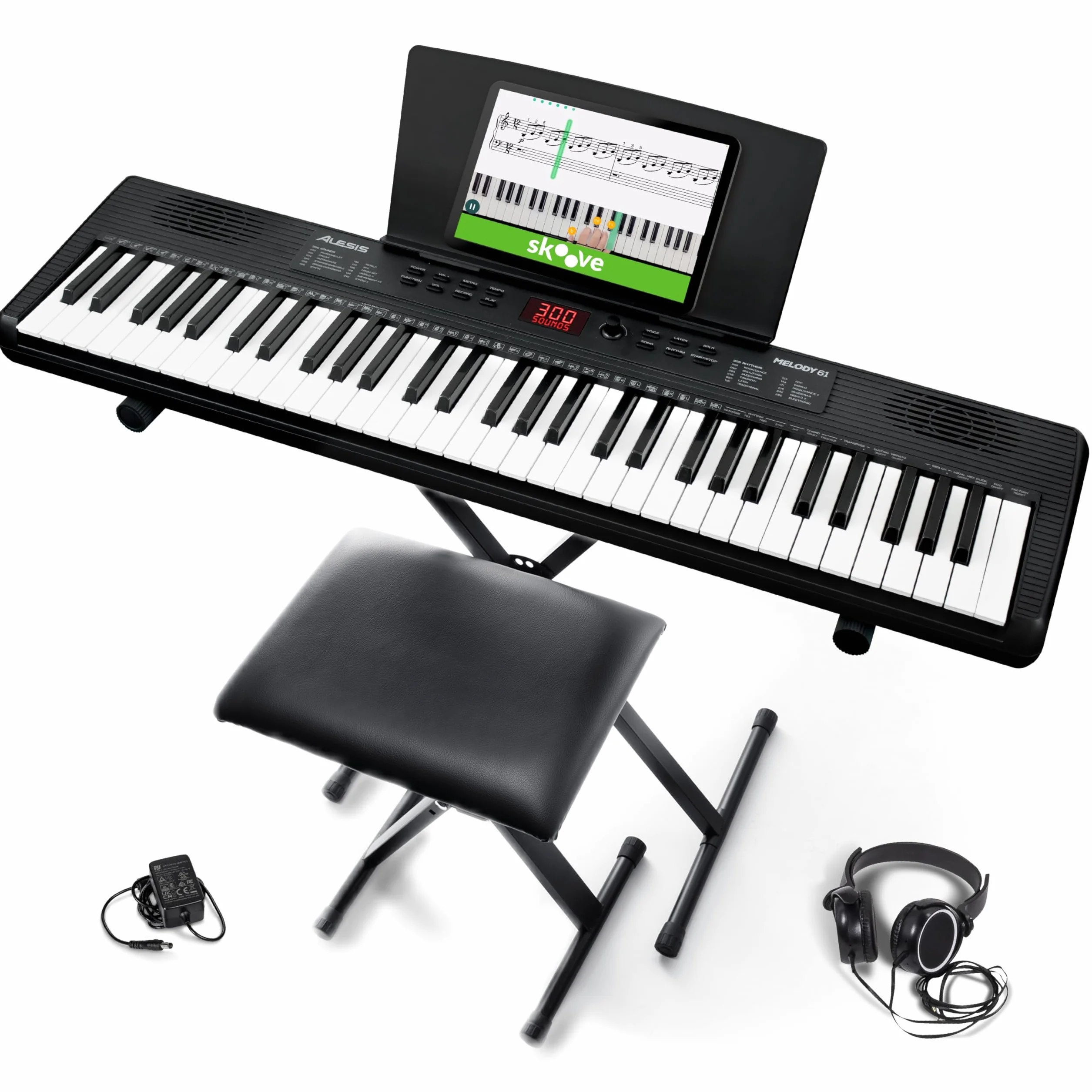 Alesis Melody 61 Teclado Piano Eléctrico para Principiantes con 61 Teclas, Altavoces, Soporte, Banqueta, Auriculares, 300 Sonidos y Lecciones de Música