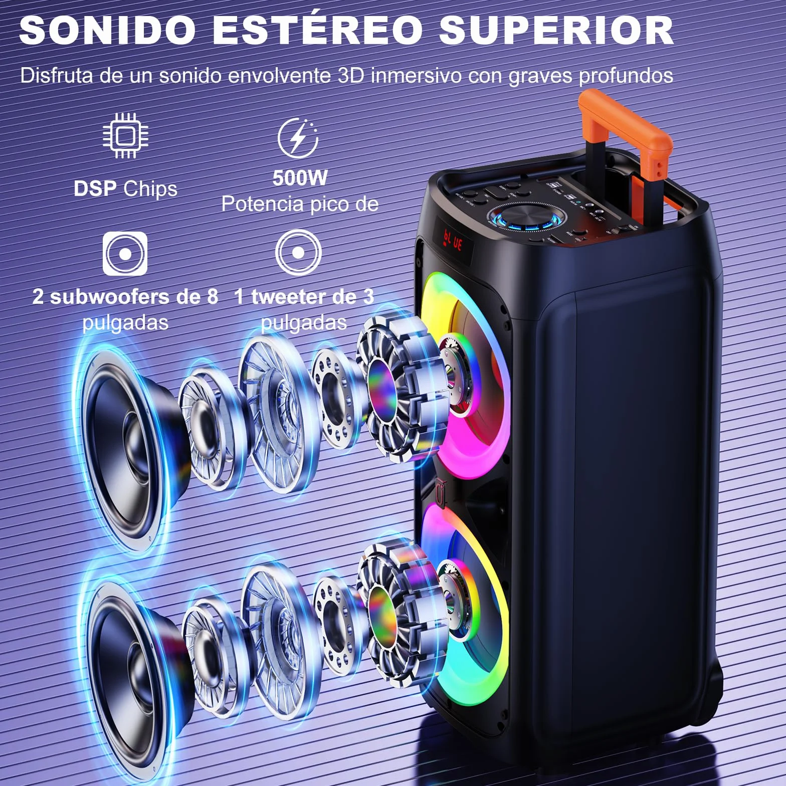 HWWR Karaoke con 2 Micrófonos Inalámbricos para Adultos,8" Altavoz Bluetooth Grande para Fiestas con 500W de Pico de Potencia, Ruedas Rodantes y Carro, Sistema PA con Luz LED Disco para Fiesta en casa
