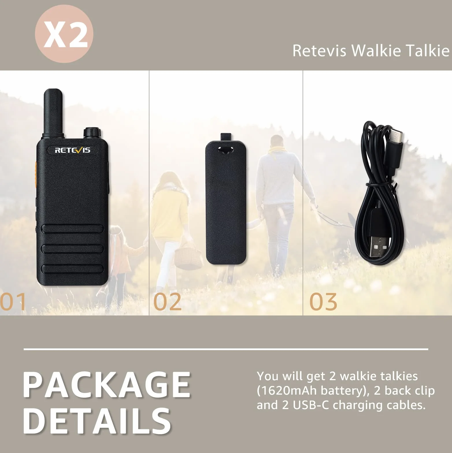 Retevis RT622P Walkie Talkie, 1620mAh PMR446 Mini Walkie Talkie Professional USB-C, Ligero y Compacto, VOX, 15 mm Ultrafino Walkie Talkies Recargable para Camping, Ciclismo, Familia (2 Piezas, Negro)