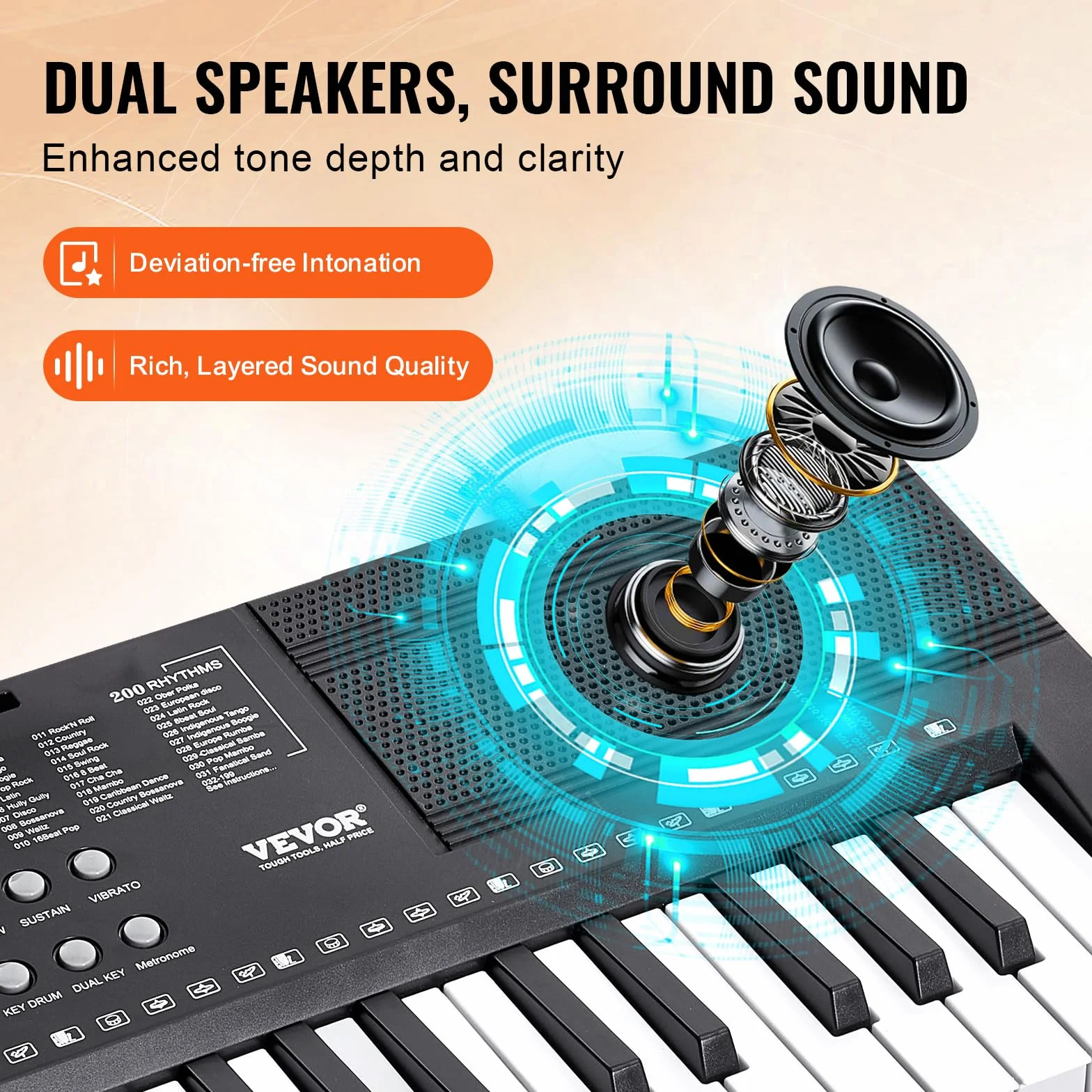 VEVOR 61 Teclas Piano de Teclado Digital Portátil 200 Tonos, 200 Ritmos con 60 Canciones de Demostración, Altavoces Duales Integrados, Auriculares, Micrófono y Pegatinas de Piano para Principiantes