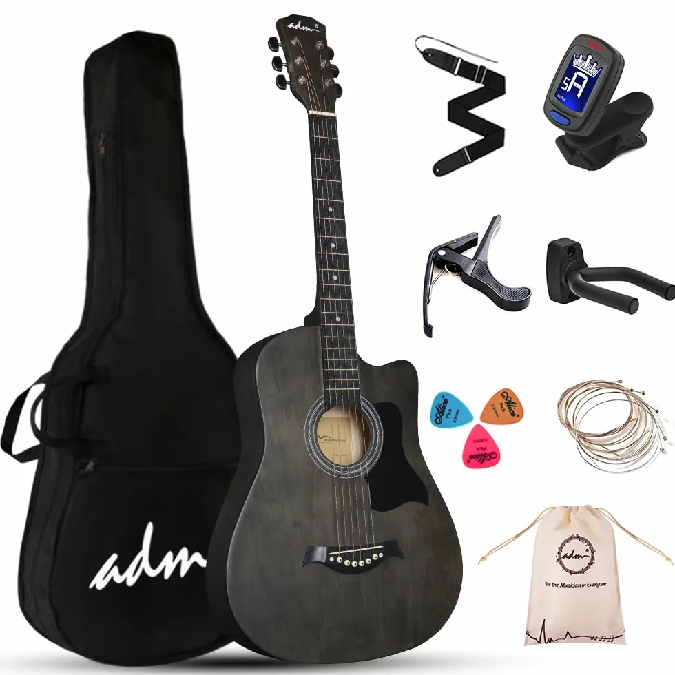 ADM Guitarra acústica para principiantes, 38 pulgadas, color azul para niños, estudiantes, adultos (cuerda de acero), color negro