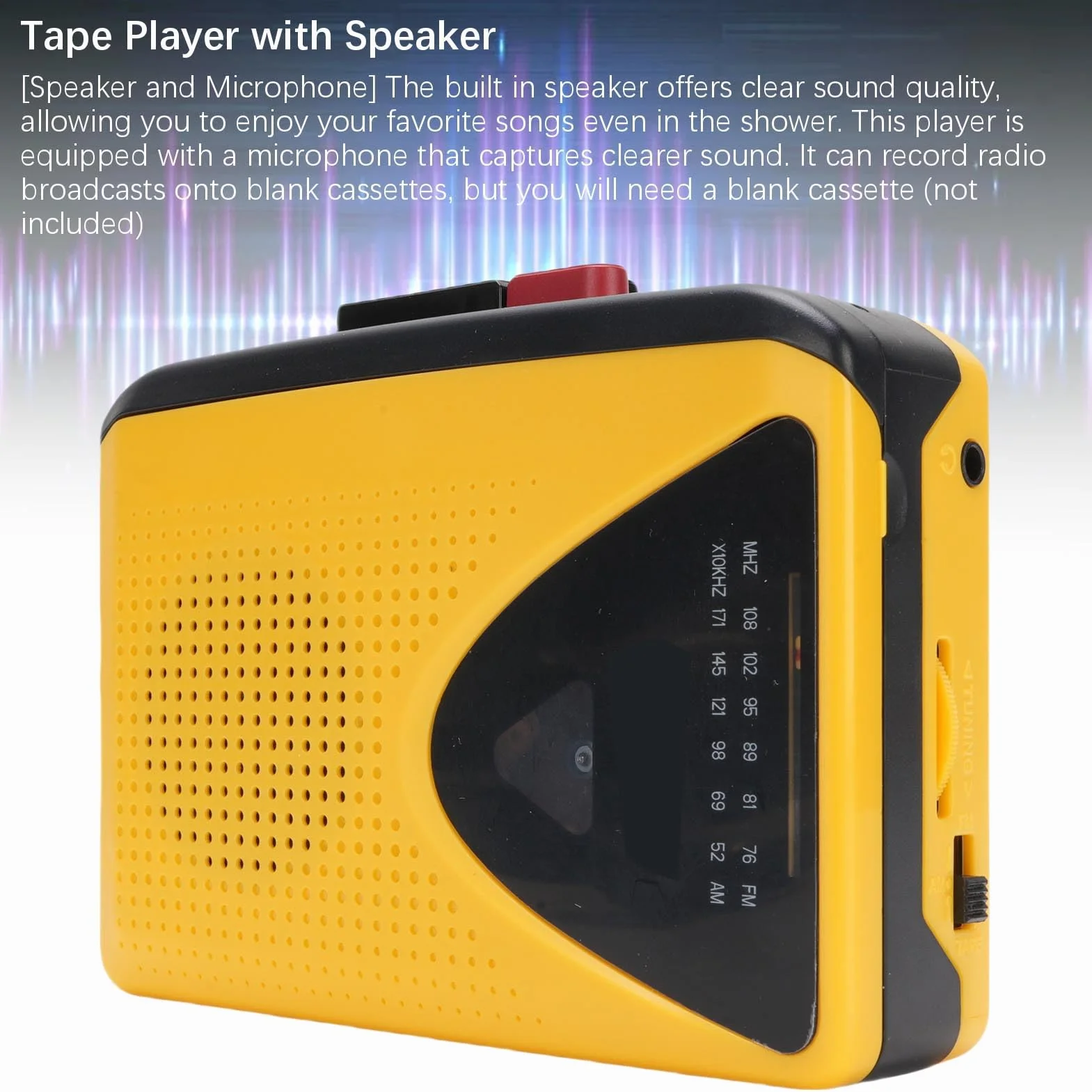 Reproductor de Cassette Retro con Radio AM FM Bluetooth y Grabación, Portátil, Amarillo Negro