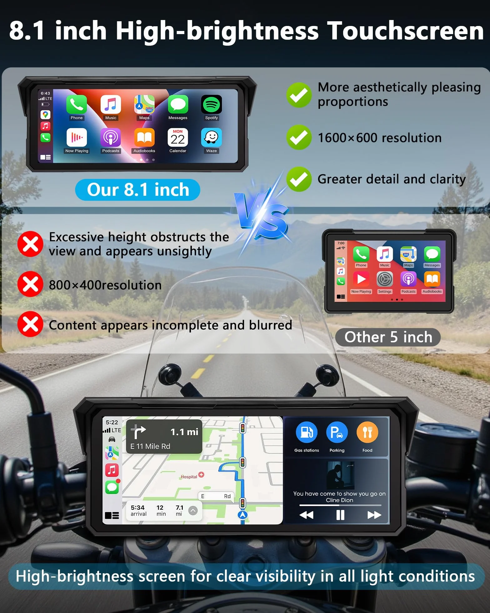 8,1 Pulgadas Pantalla Carplay Moto Android Auto Moto, Pantalla Táctil Resistente al Agua IP67 Navegación GPS para Motocicletas Audio Bluetooth Siri y Asistente de Google