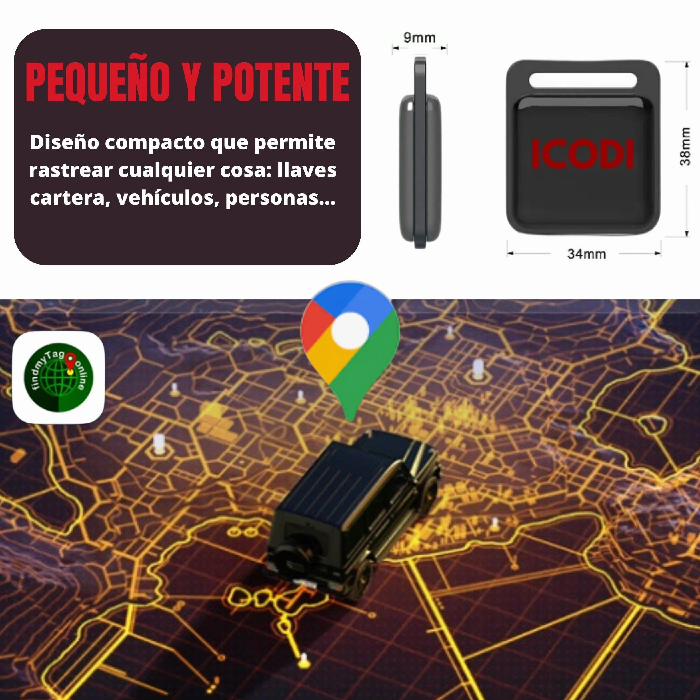 ICODI Localizador GPS para Coche Bluetooth IP67 Impermeable Sin Tarjeta SIM Android iOS