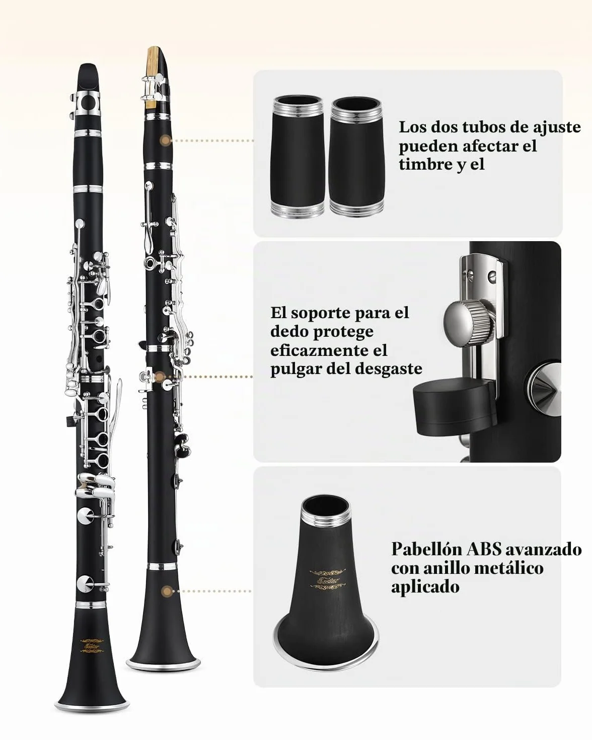 Clarinete plano Eastar B para principiantes, clarinete de ebonita niquelado con 2 barriles, 3 lengüetas, guantes blancos, estuche rígido, Kt de limpieza, ECL-300