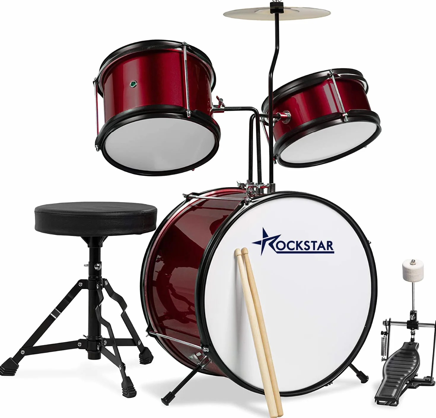 ROCKSTAR MUSIC - Batería Infantil de Madera para Jóvenes Músicos - Kit Completo de Percusión, Calidad Sonora Excepcional, Diseño Ergonómico - Incluye Asiento, Pedal de Bombo, Baquetas, Vino metalizado