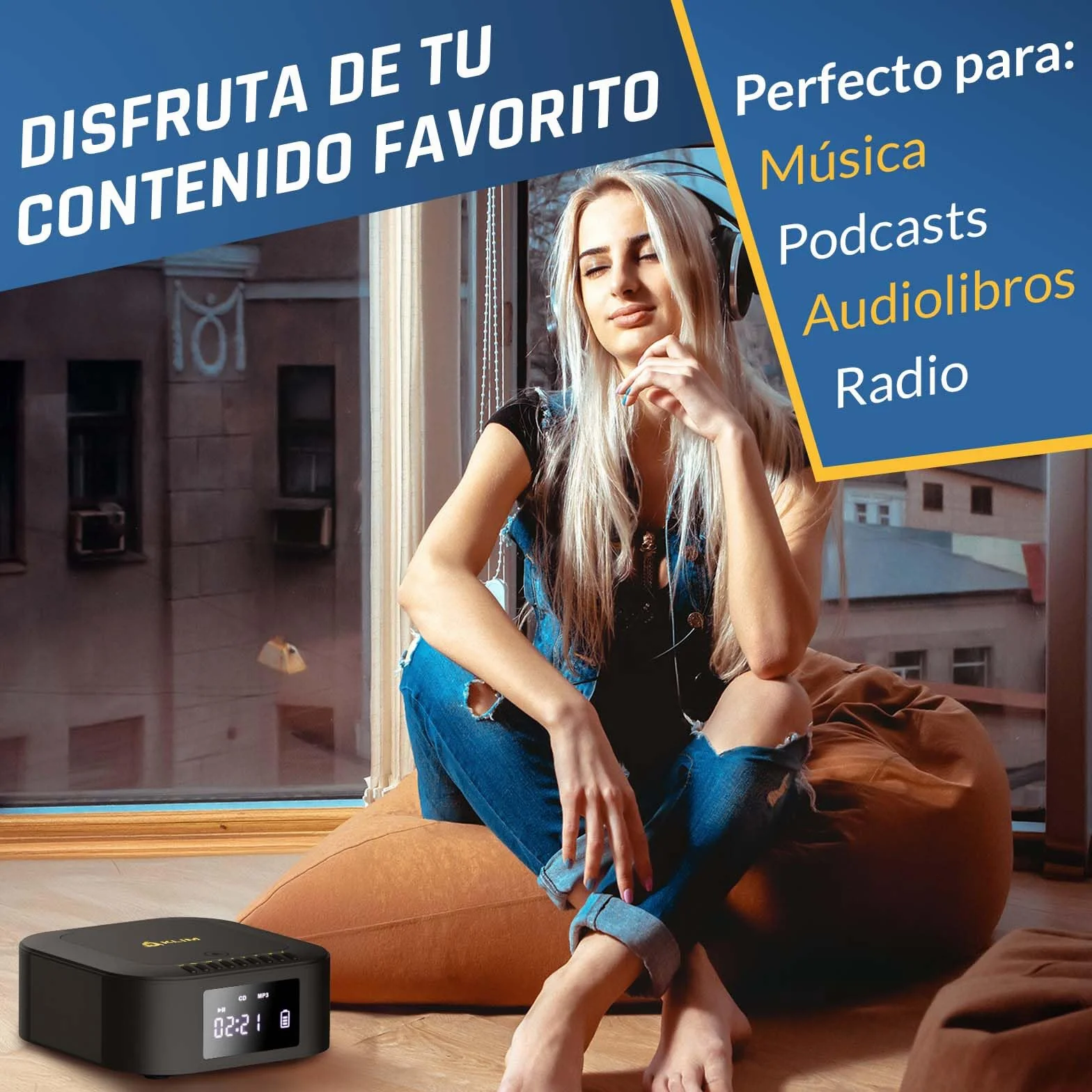 KLIM Boombox E1 Reproductor de CD portátil Bass Boost Subwoofer Radio FM Bluetooth MP3 AUX USB Negro/Dorado