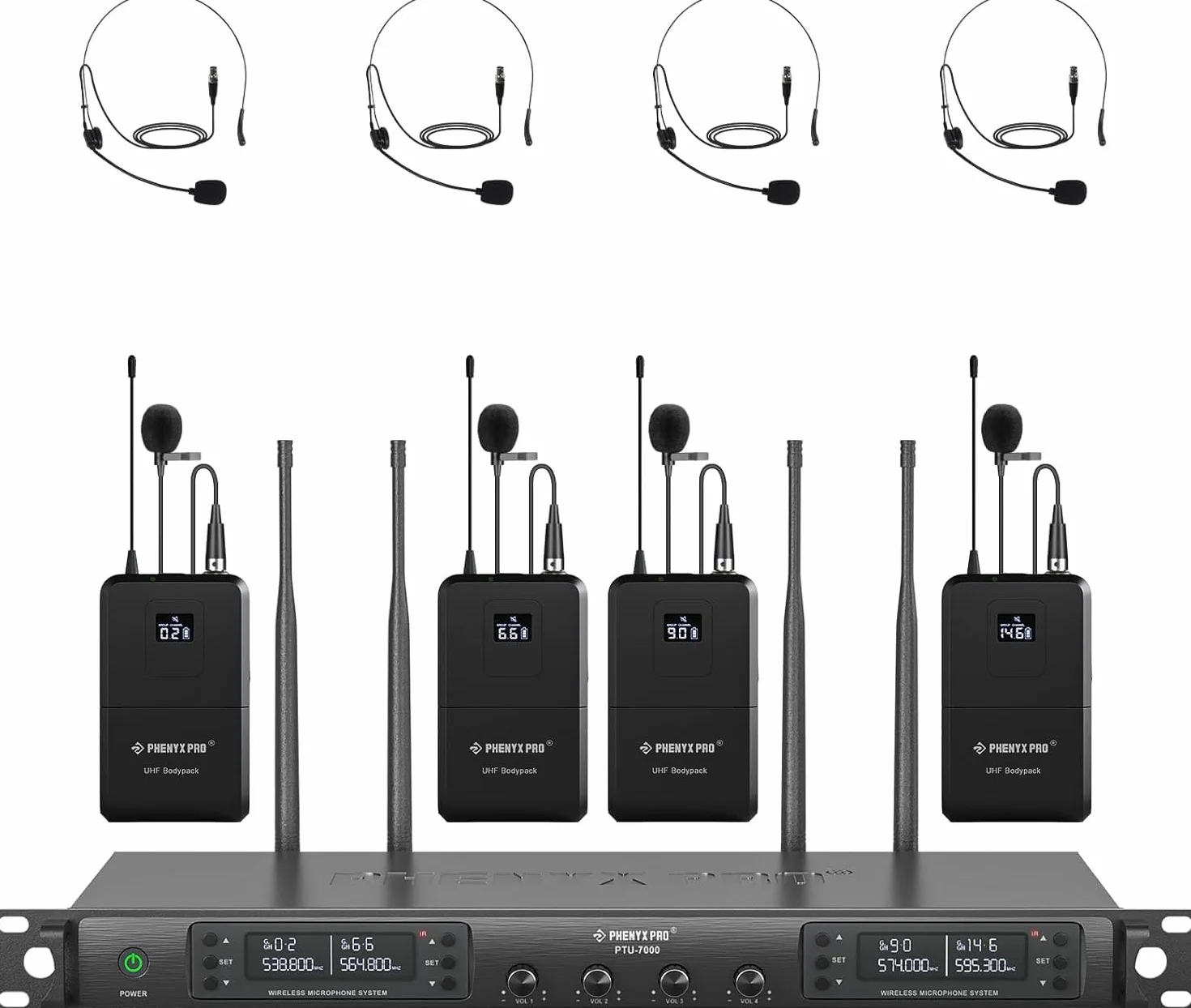 Phenyx Pro Sistema de microfono inalámbrica UHF de 4 canales con exploración automática, 4 Bodypacks/Auriculares/Micrófonos de solapa, 4x40 frecuencias, 328ft Cobertura, para iglesia, DJ (PTU-7000-4B)