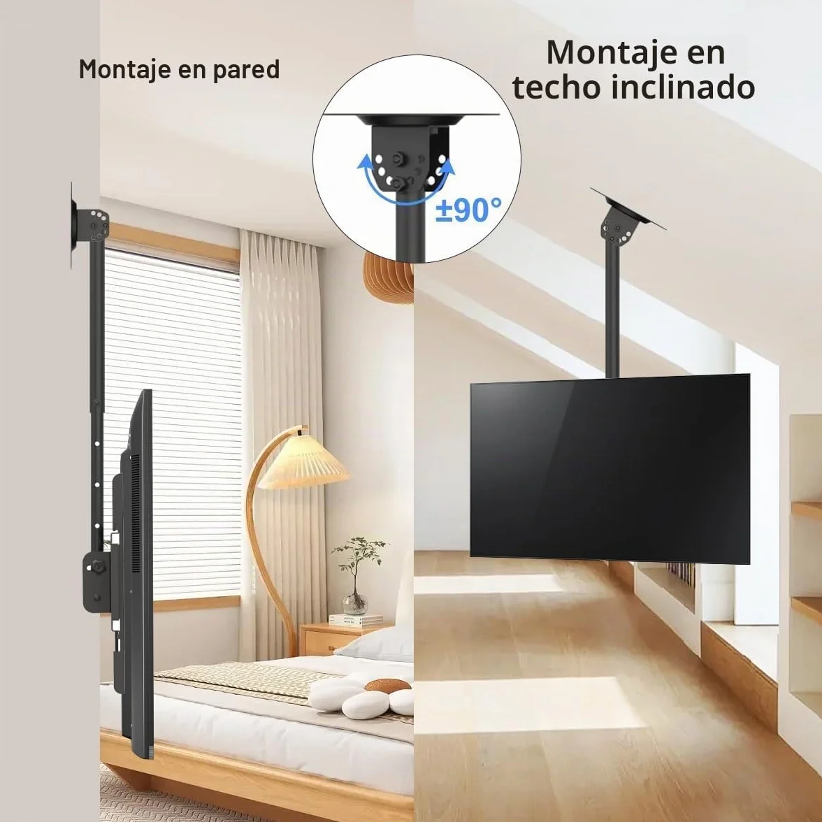 Suptek Soporte TV Techo 26-65 Pulgadas Altura Ajustable 43-70cm 45kg VESA 200x200 Inclinación 15° Giro 90° Rotación 360°
