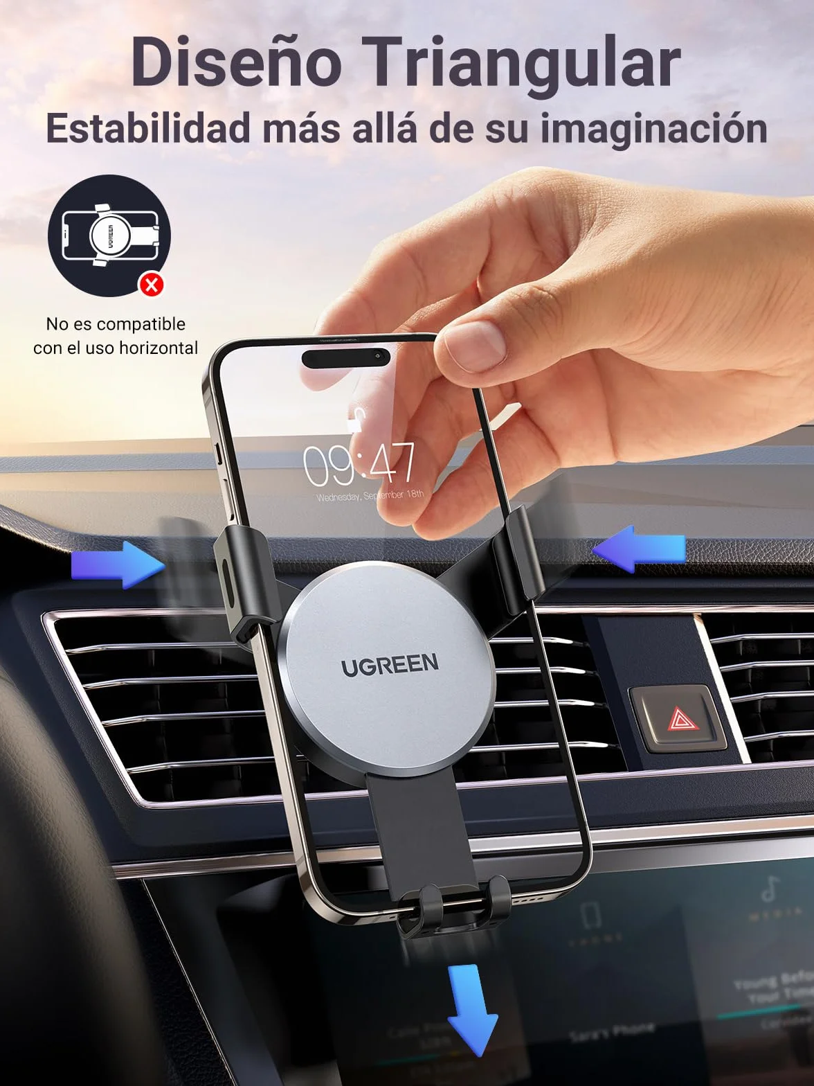 UGREEN Soporte Móvil Coche por Gravedad, Soporte para Ventilación, Car Phone Holder Universal, iPhone 17/17 Air/17 Pro/17 Pro Max/16/15, Galaxy S25/S25 Ultra/S25+, Gris