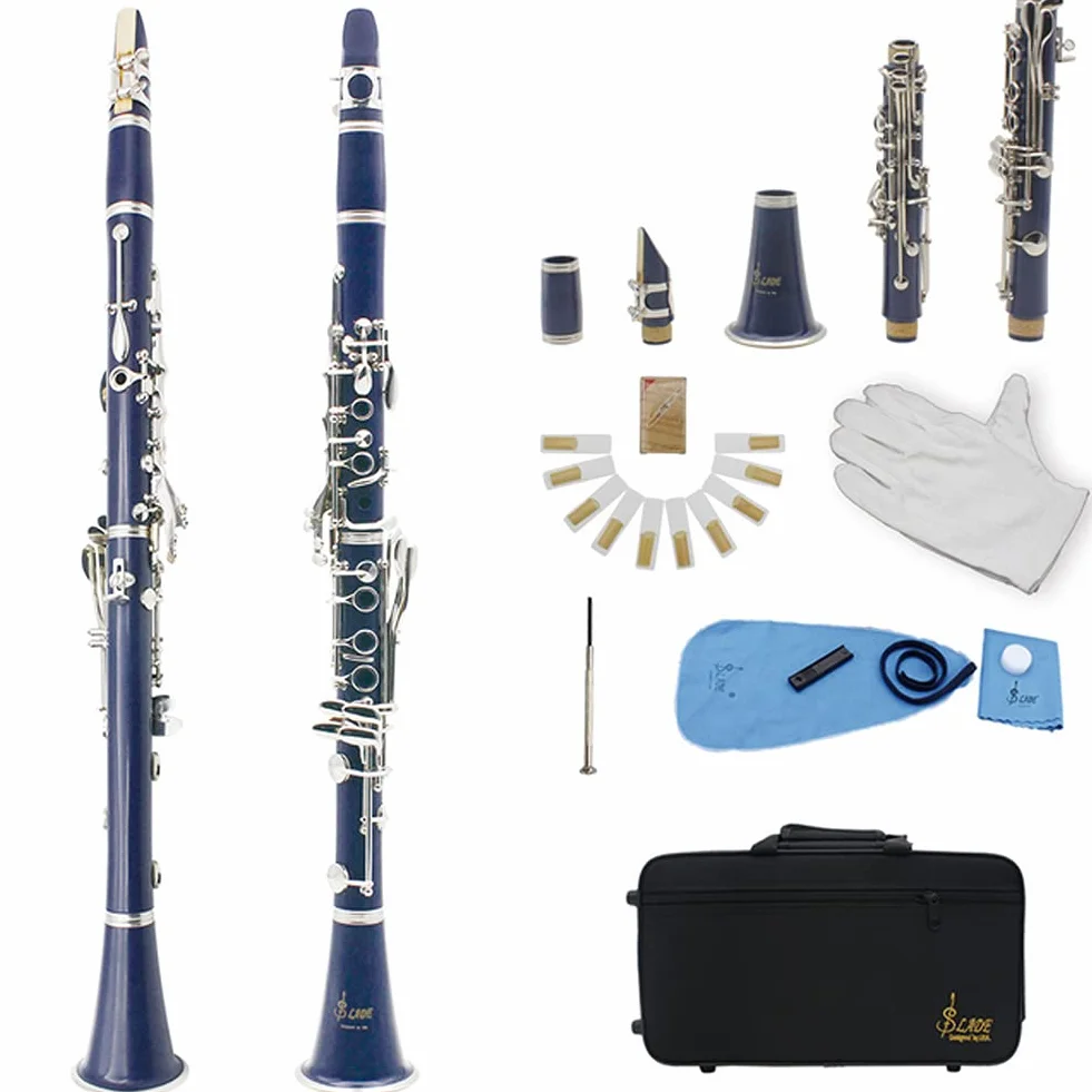 Clarinete de Baquelita de Tono BB de 17 Teclas con Botón de Niquelado Antioxidante Tamaño Compacto Y Extraíble Diseño de Apertura Preciso Adecuado para Estudiantes Principiantes (Azul)