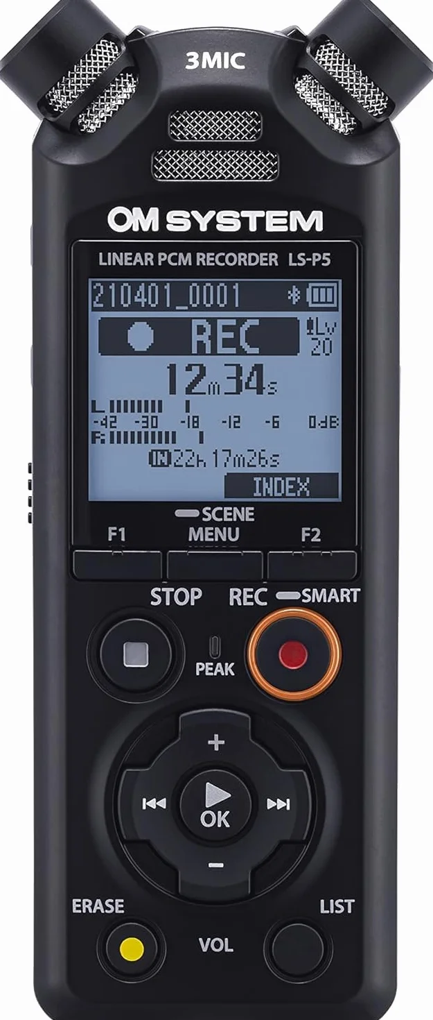 OM System LS-P5 Grabadora de Audio Hi-Res – Sistema TRESMIC II de 3 Micrófonos, Bluetooth, 16GB, 37h de Autonomía, Grabaciones Profesionales, Control Smartphone, USB, PCM/FLAC/MP3