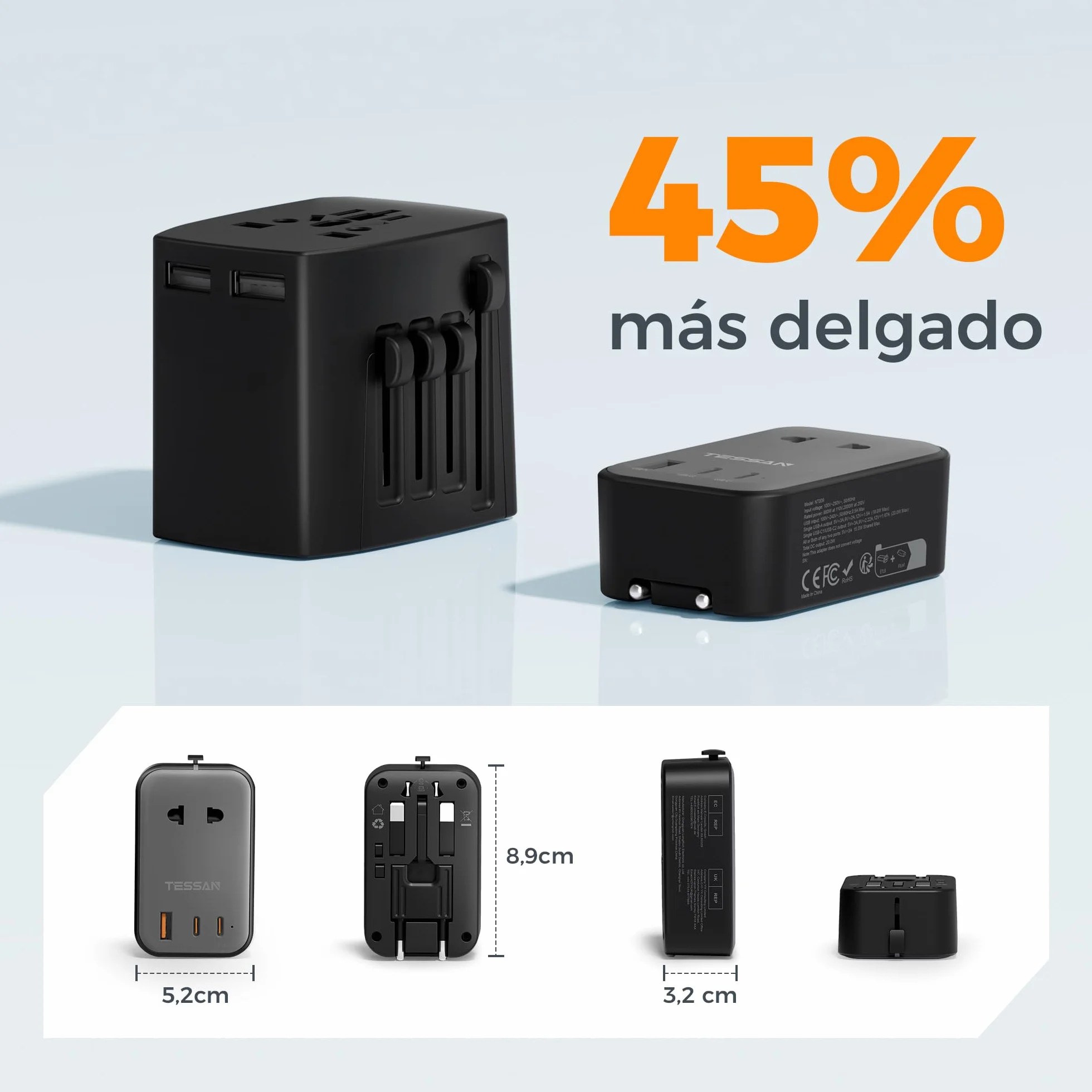 TESSAN Adaptador Enchufe Universal, Enchufe Universal Viaje Plano con 1 USB y 2 USB C, Adaptador de Viaje para USA, UK, Austuralia