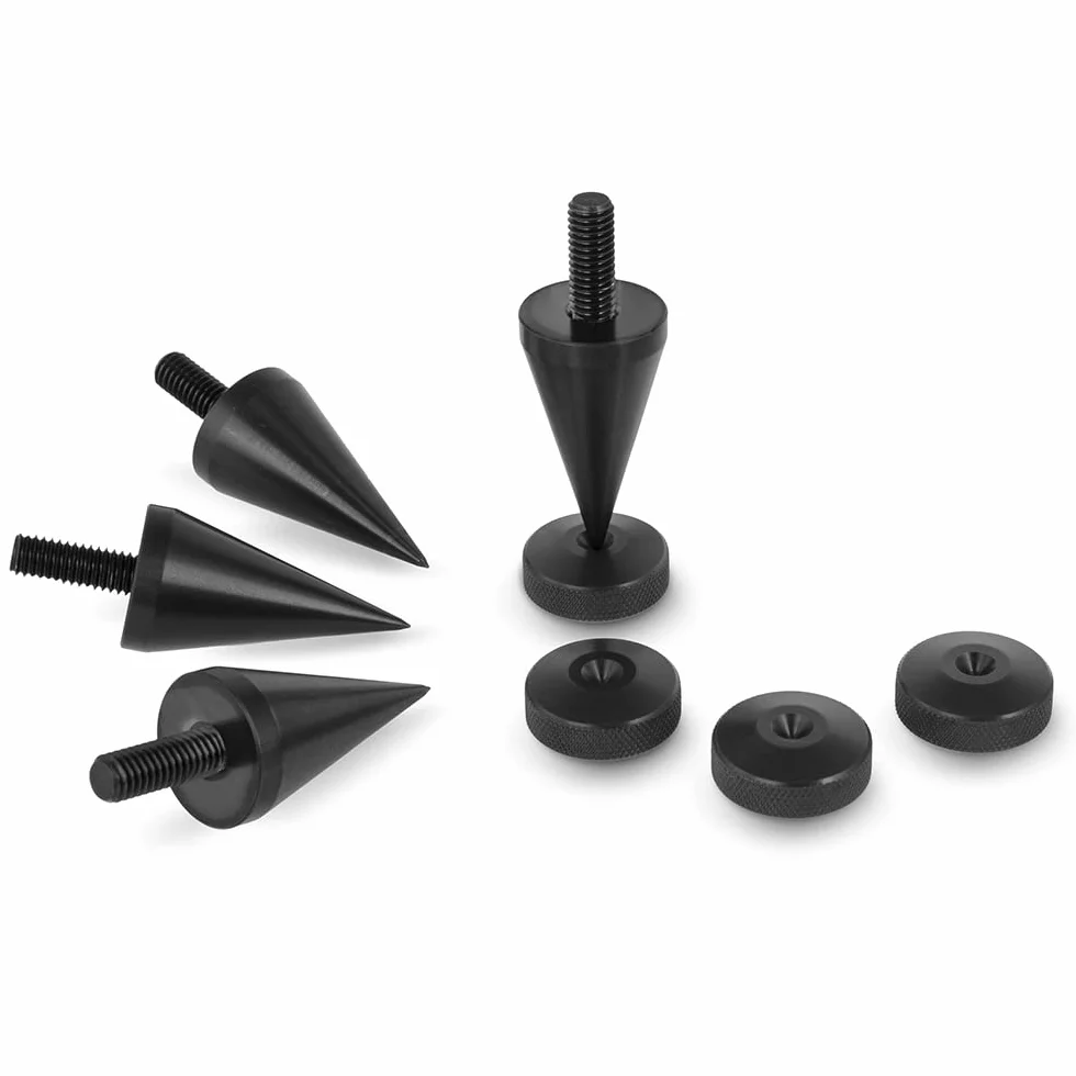 PrecisionGeek - Picos de Altavoz Grandes de Aluminio anodizado Negro M6, Cono de 20 mm de diámetro, Almohadillas de Altavoz de 20 mm de diámetro con Bordes con Acabado moleteado